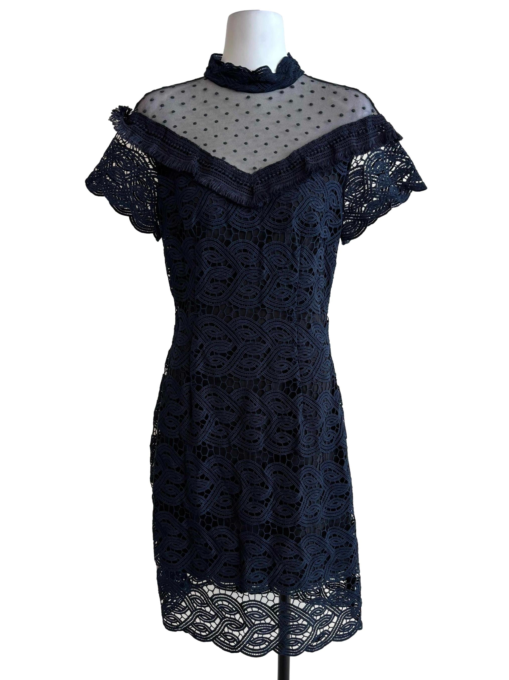Peacock Blue Sheer Neckline Lace Dress