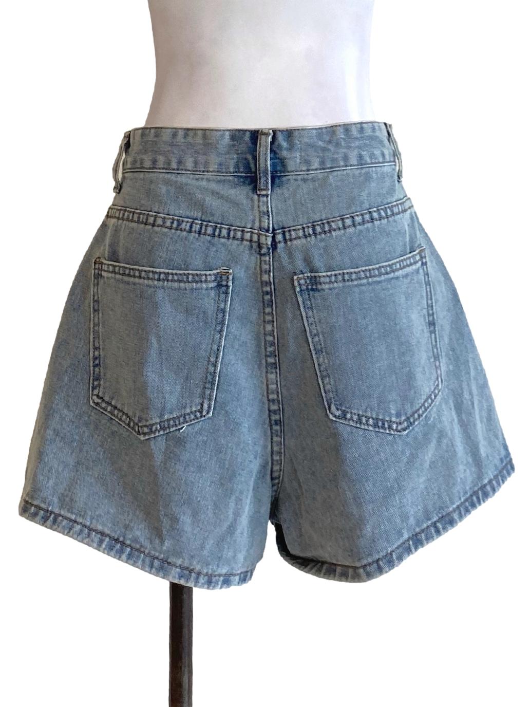 Light Denim Blue Buttoned Waist Mini A-Line Jeans Skort TTR