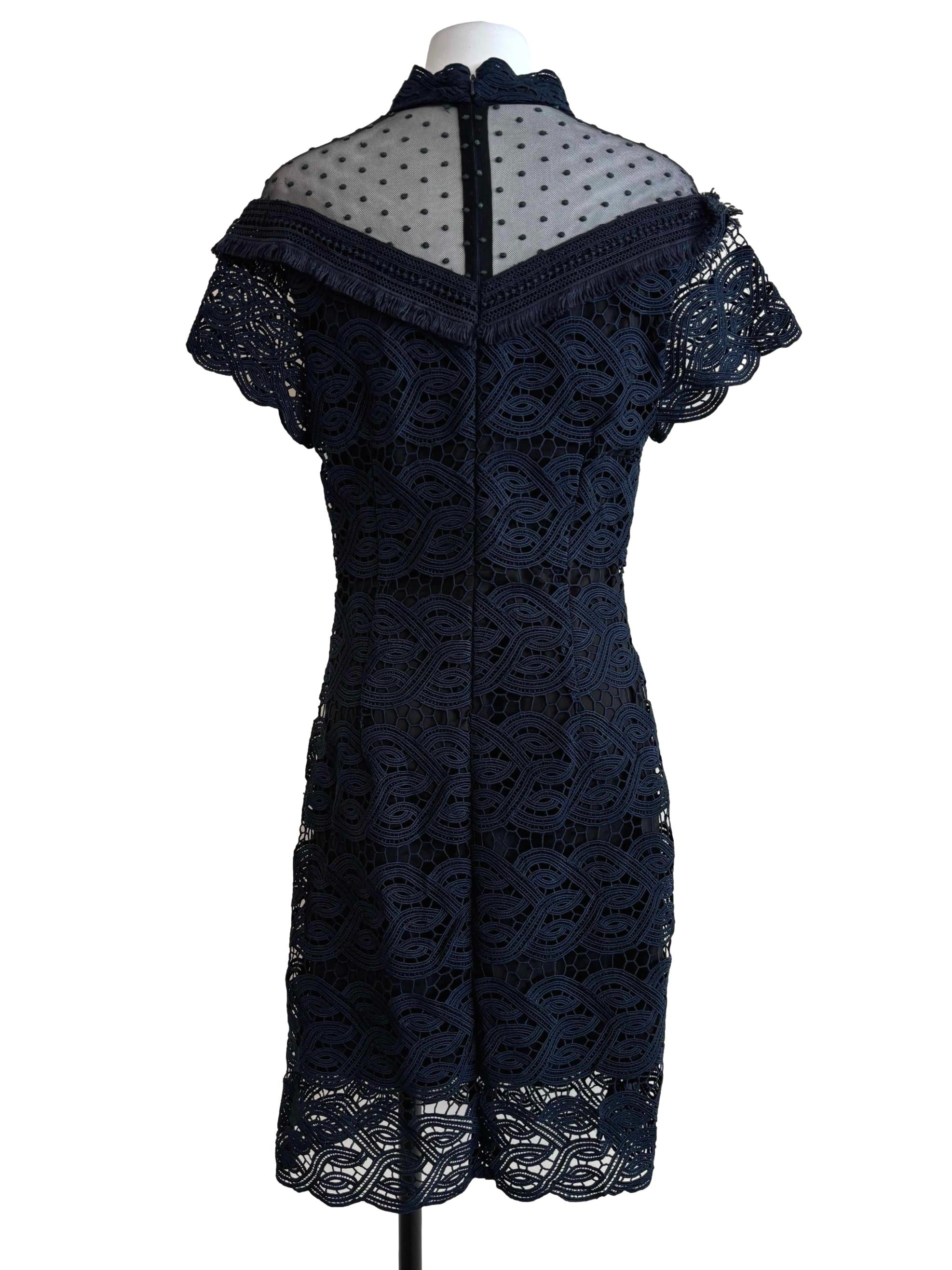 Peacock Blue Sheer Neckline Lace Dress