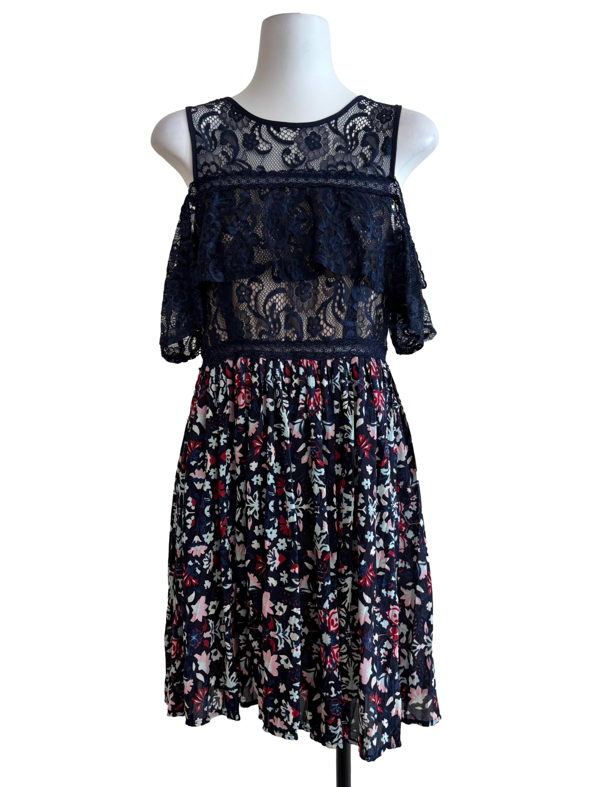 Navy Blue Floral Ruffle Lace Dress