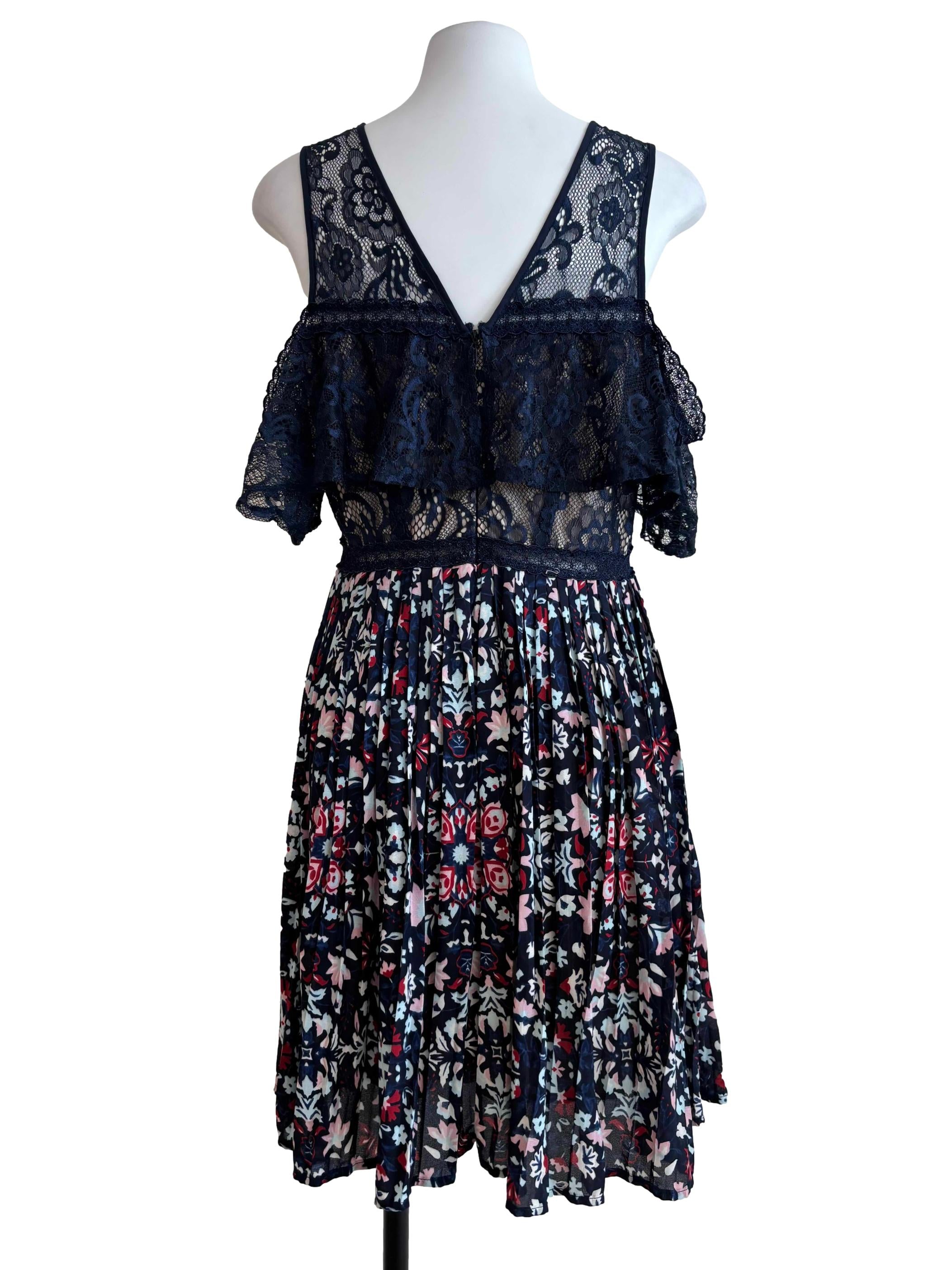 Navy Blue Floral Ruffle Lace Dress