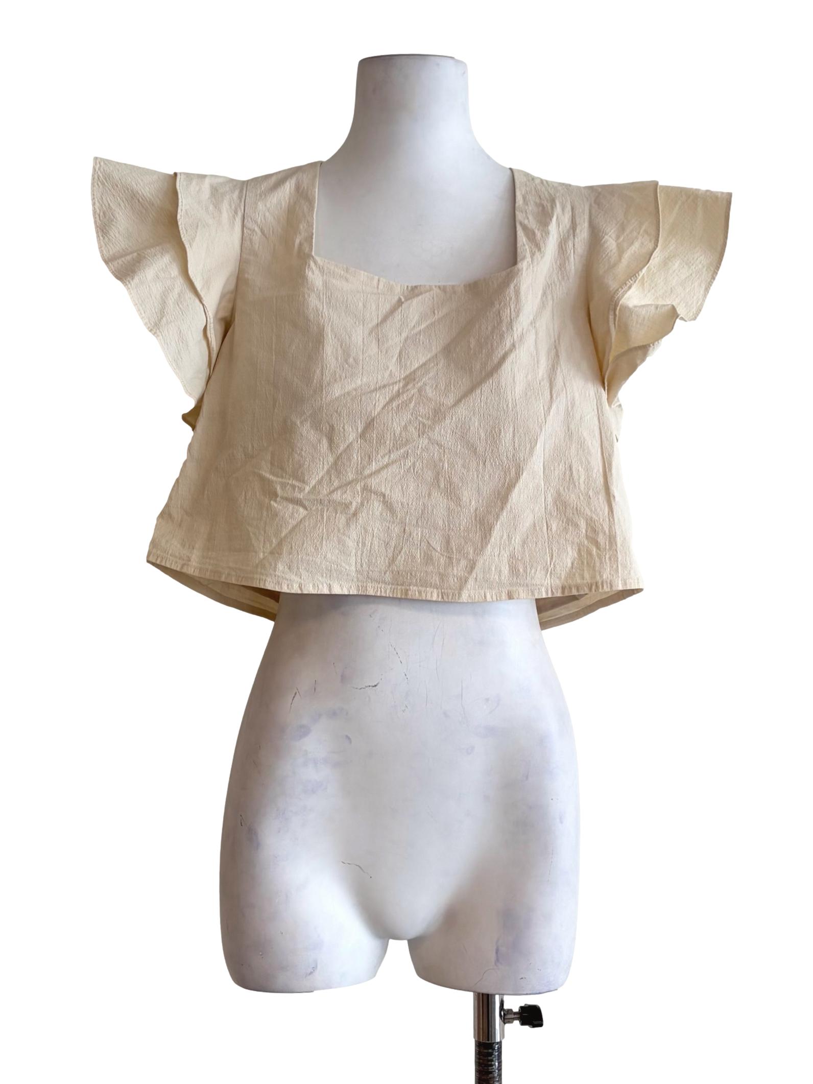 Ivory Beige Textured Flutter Sleeve Crop Top LB