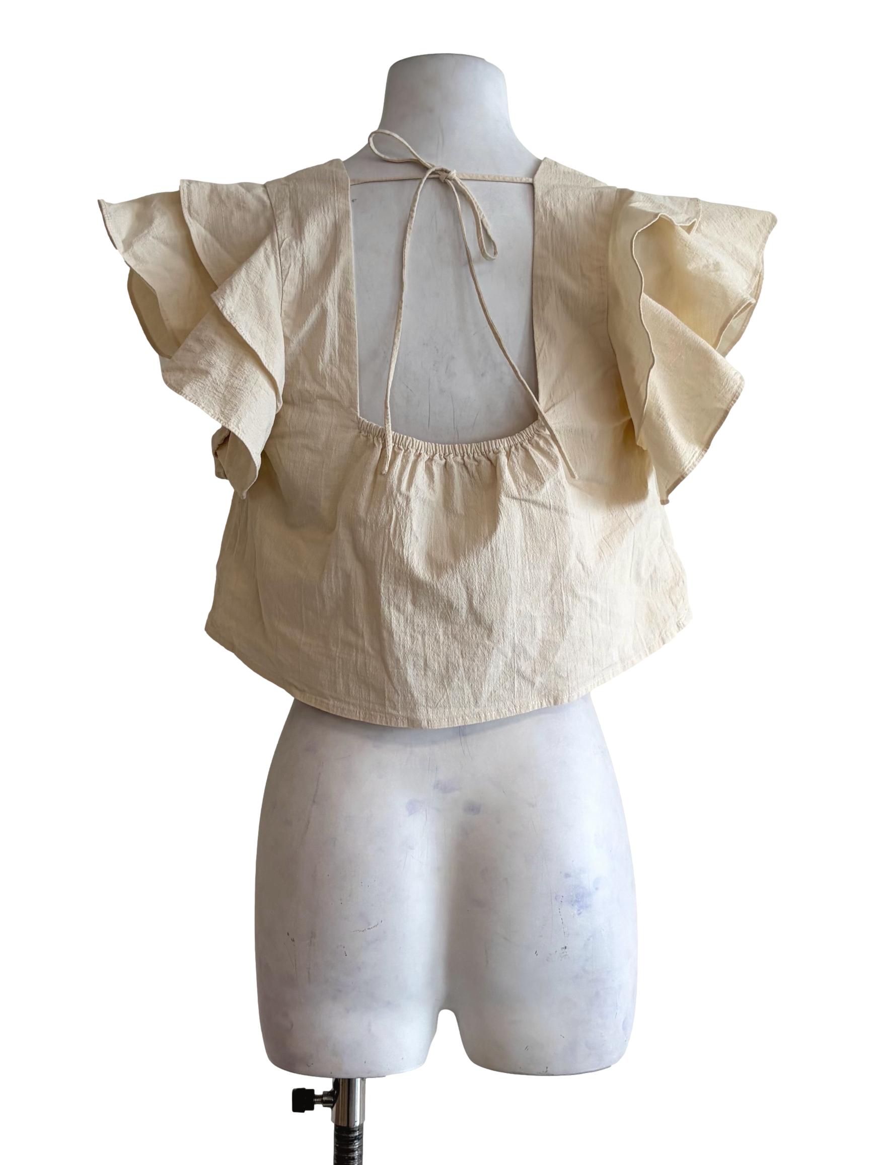 Ivory Beige Textured Flutter Sleeve Crop Top LB