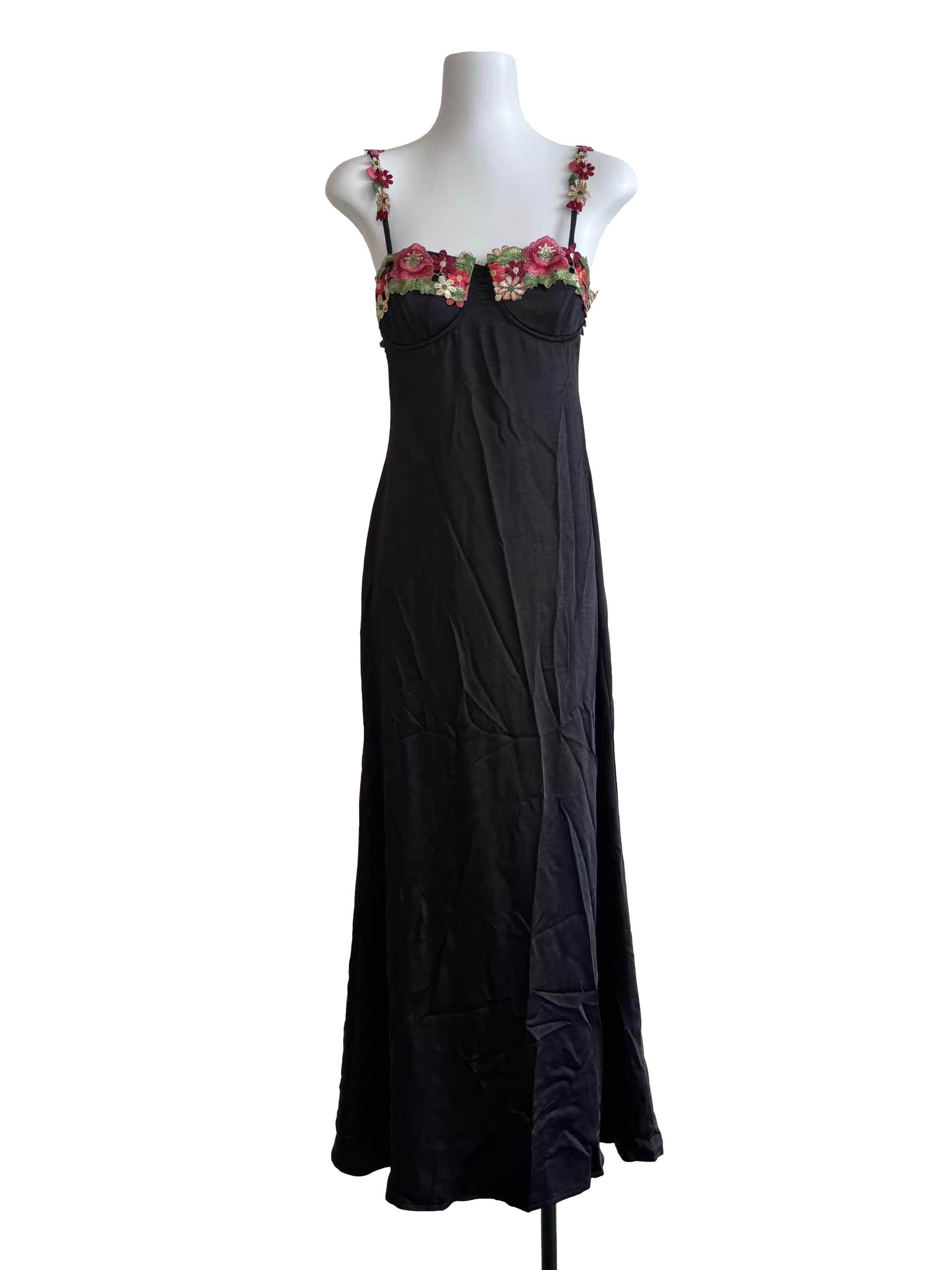 Black Satin Floral Strap Slip Dress