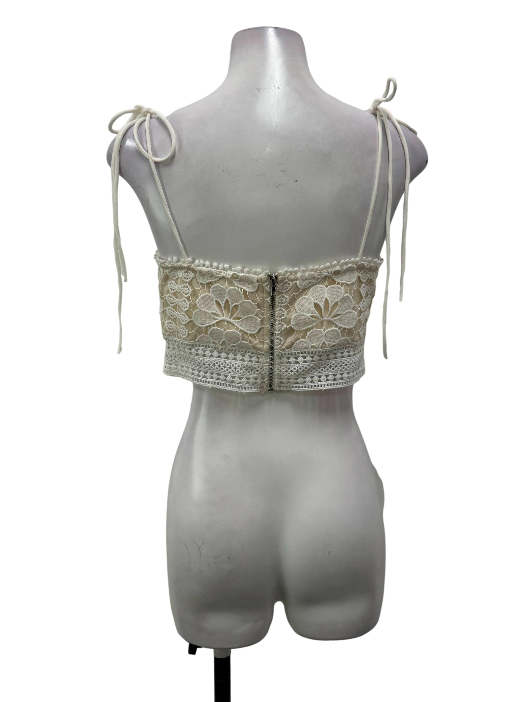 Beige Floral Lace Self Tie Top