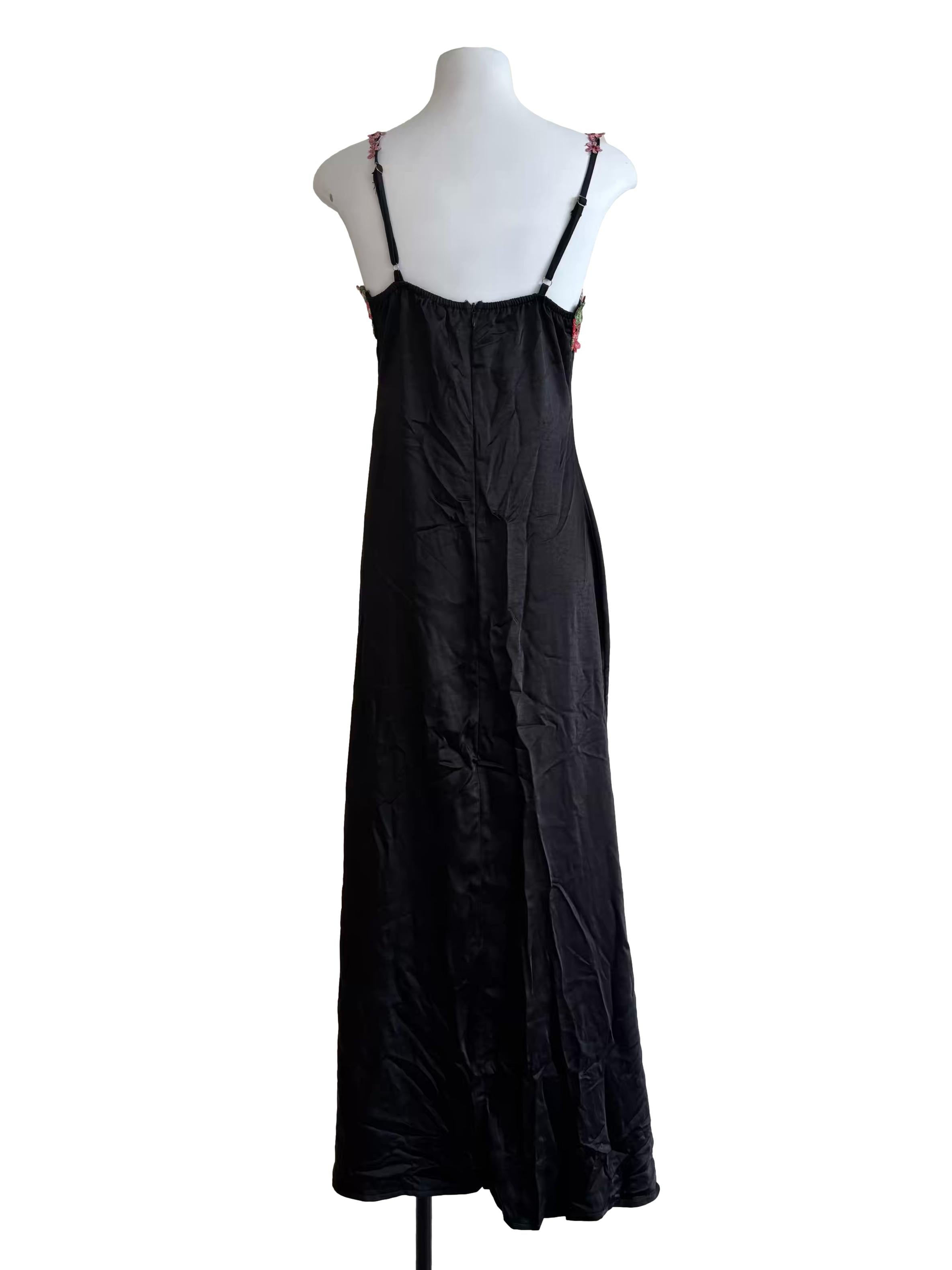 Black Satin Floral Strap Slip Dress