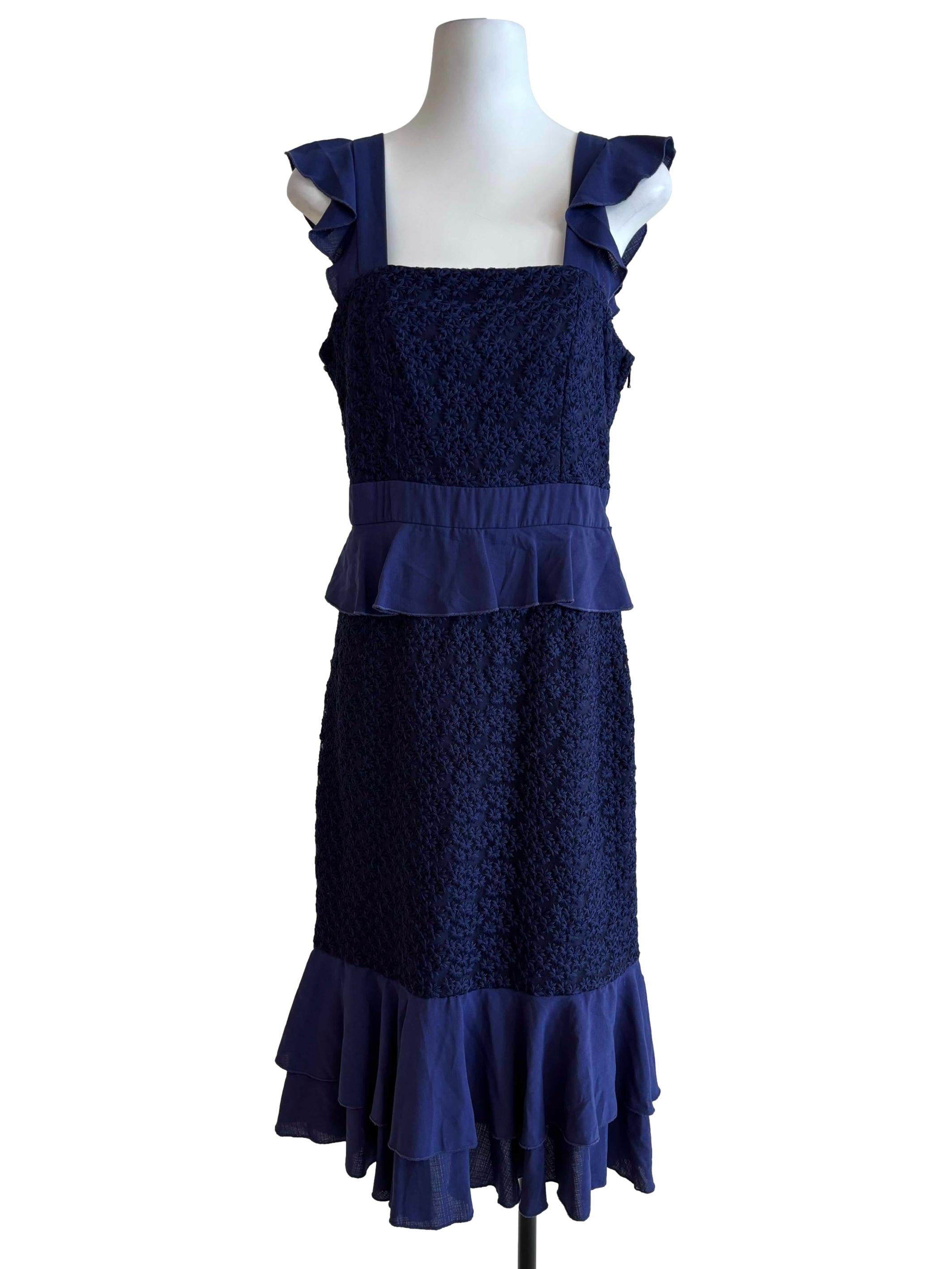 Navy Blue Embroidered Ruffle Dress