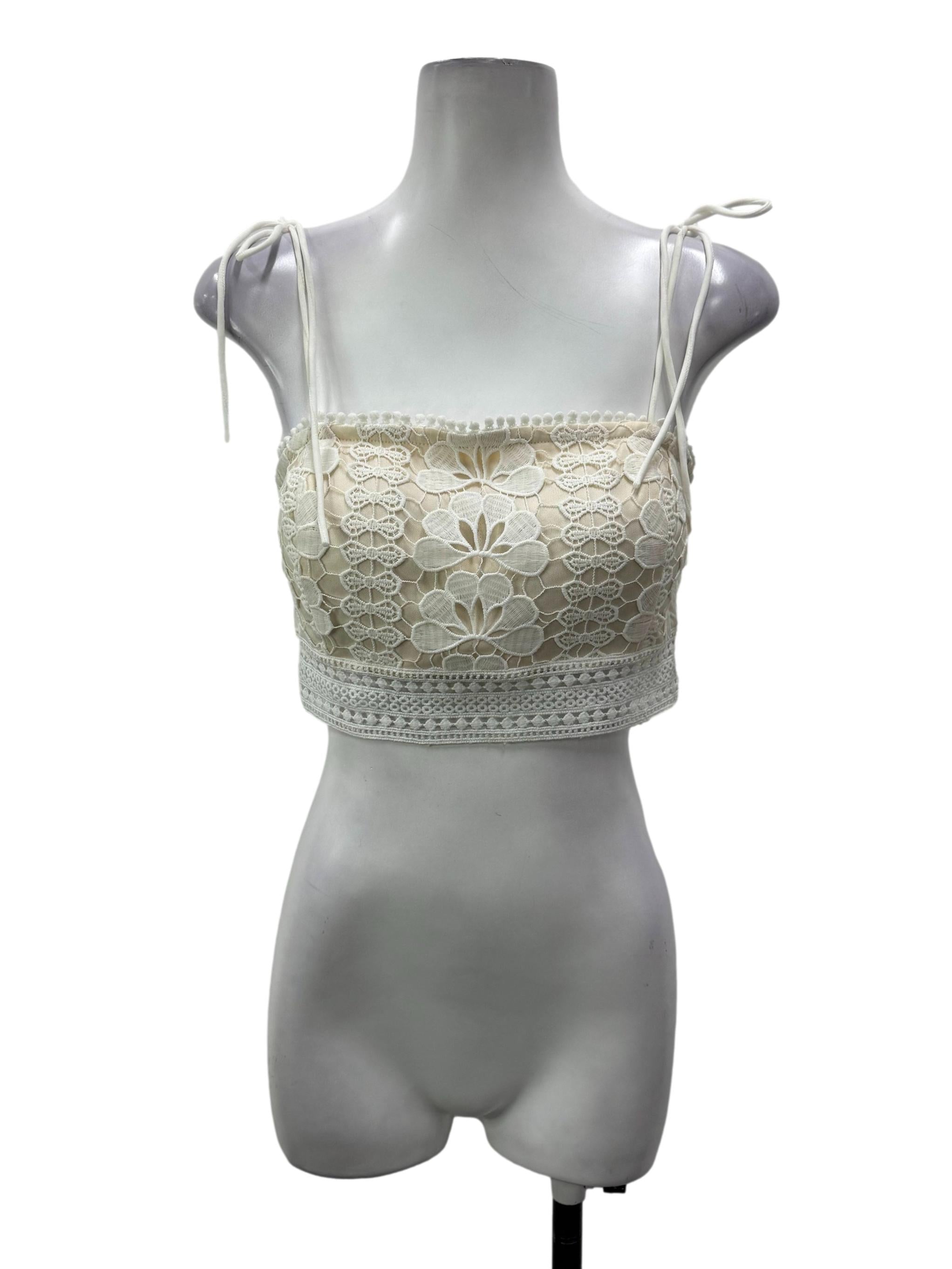 Beige Floral Lace Self Tie Top