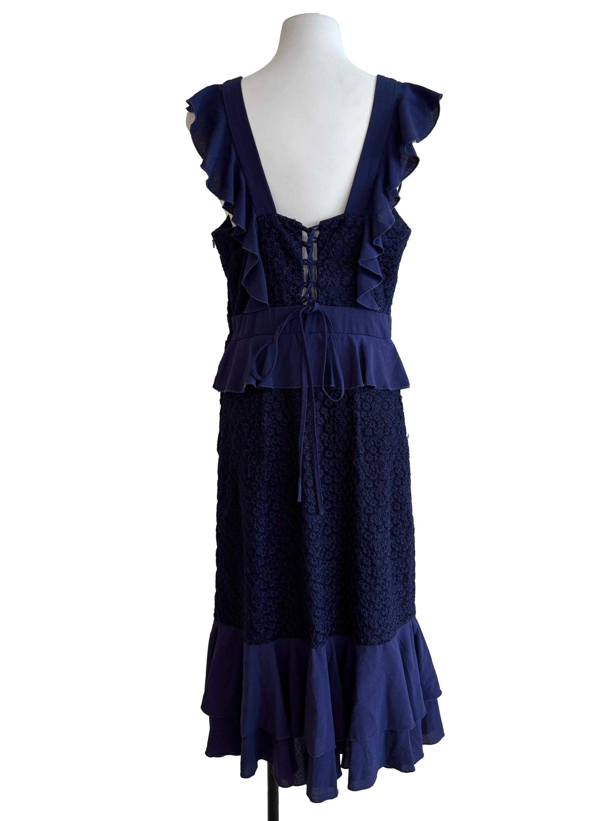 Navy Blue Embroidered Ruffle Dress