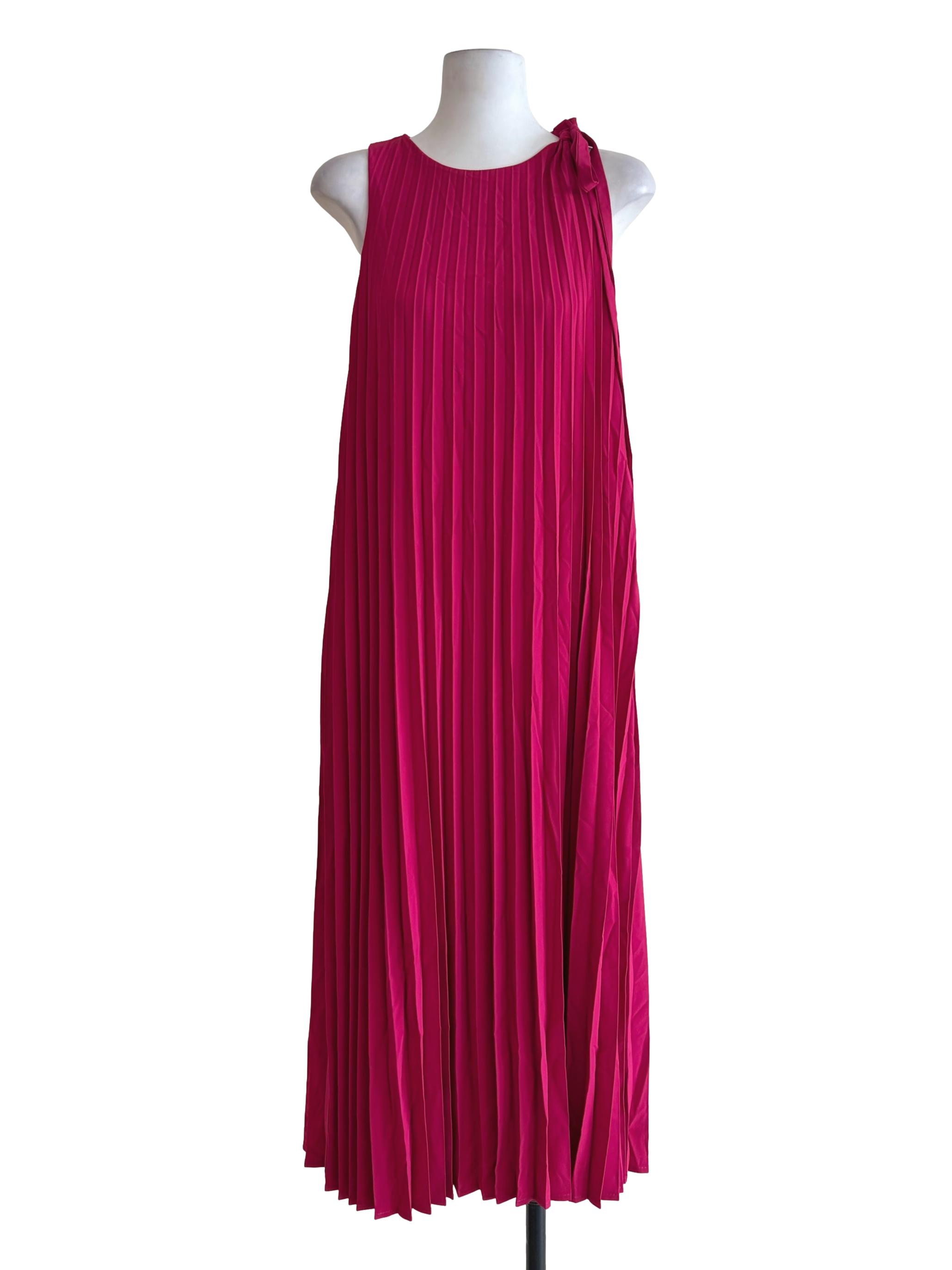 Fuchsia Pink Pleated Sleeveless Shift Dress