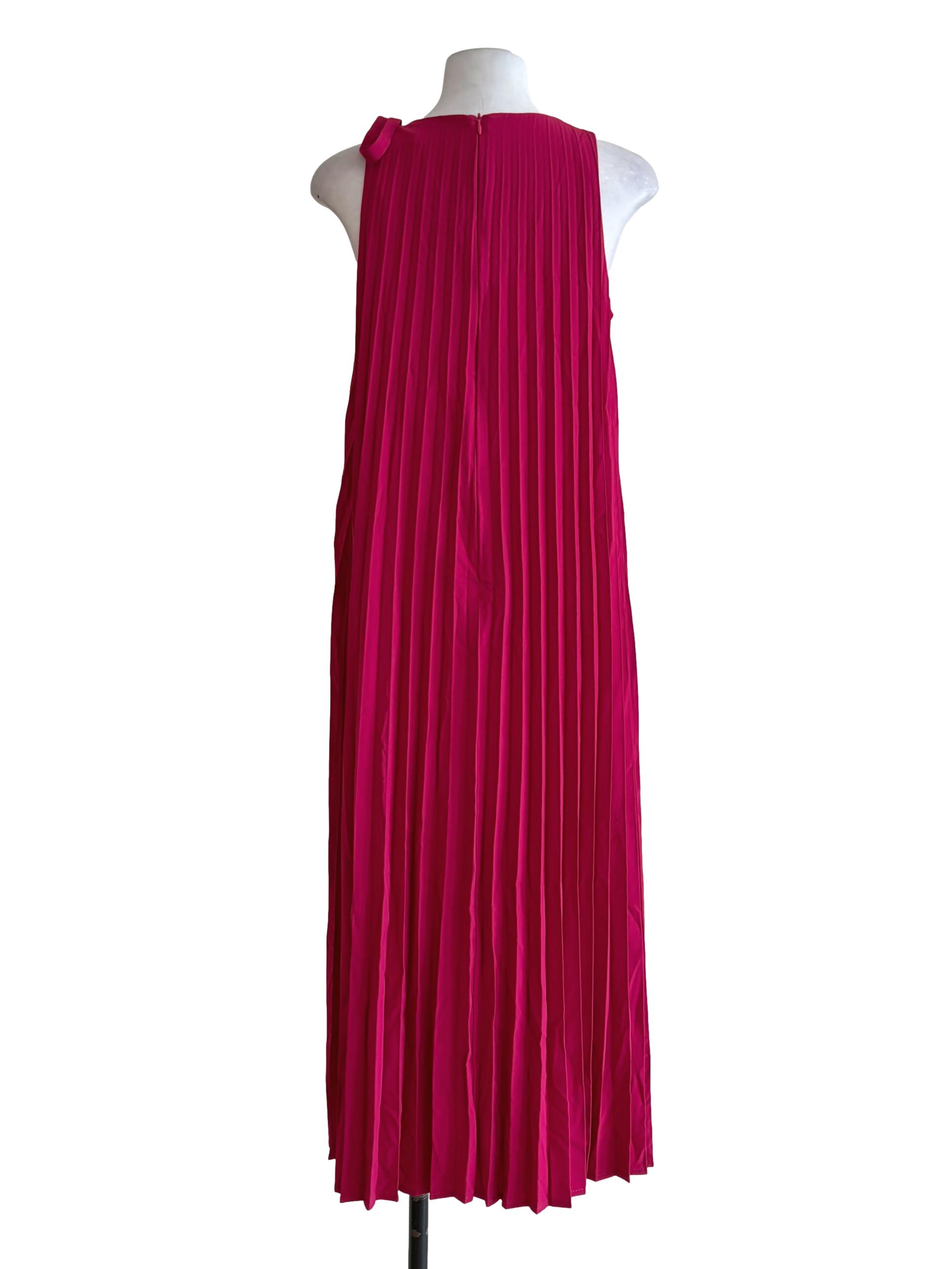 Fuchsia Pink Pleated Sleeveless Shift Dress