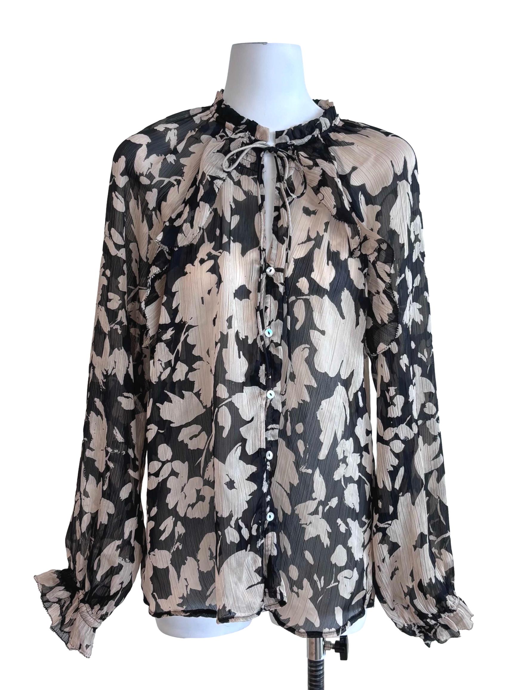 Black Beige Prints Ruffle Blouse