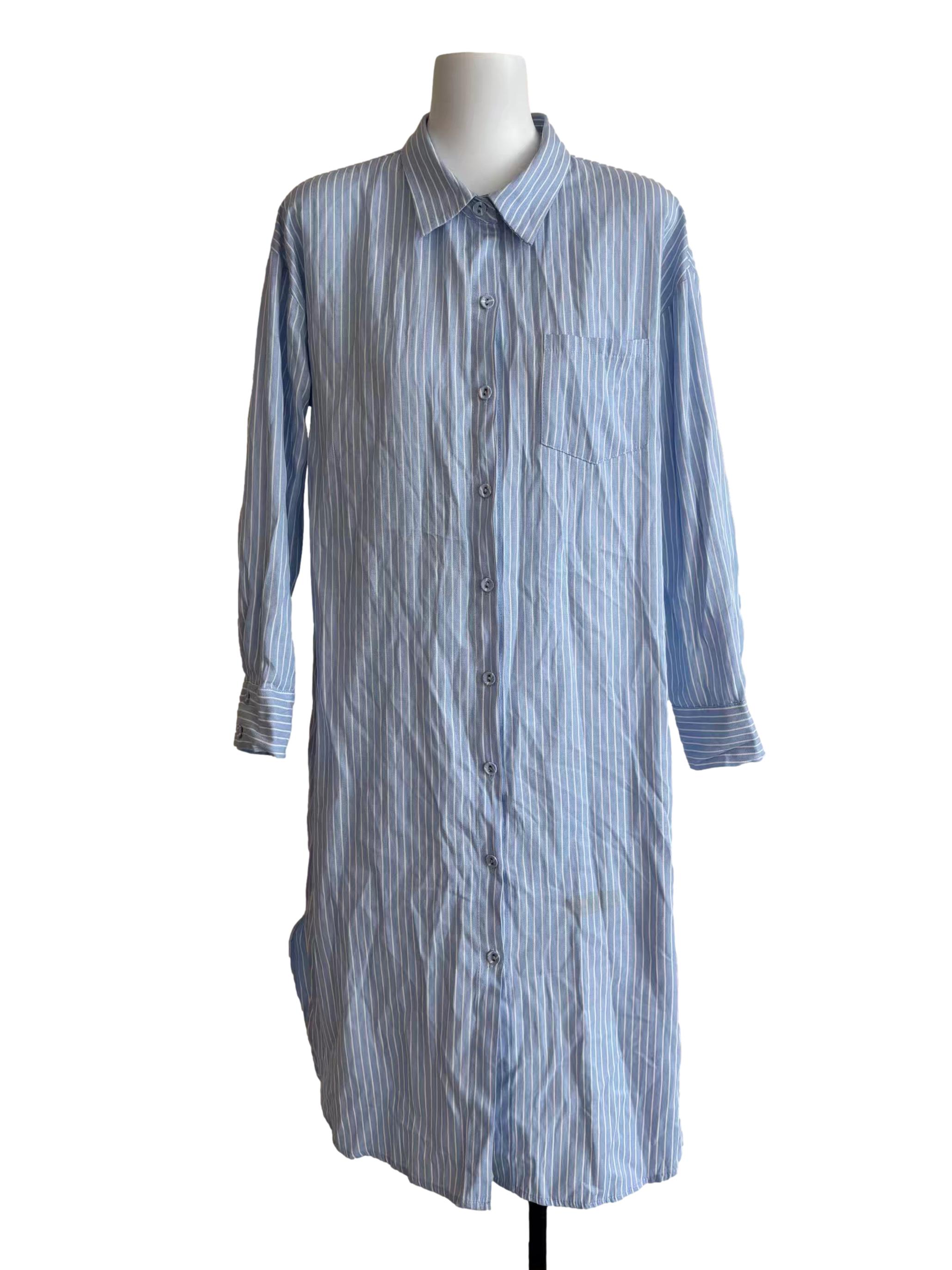 Baby Blue Striped Buttoned Shirt Dress