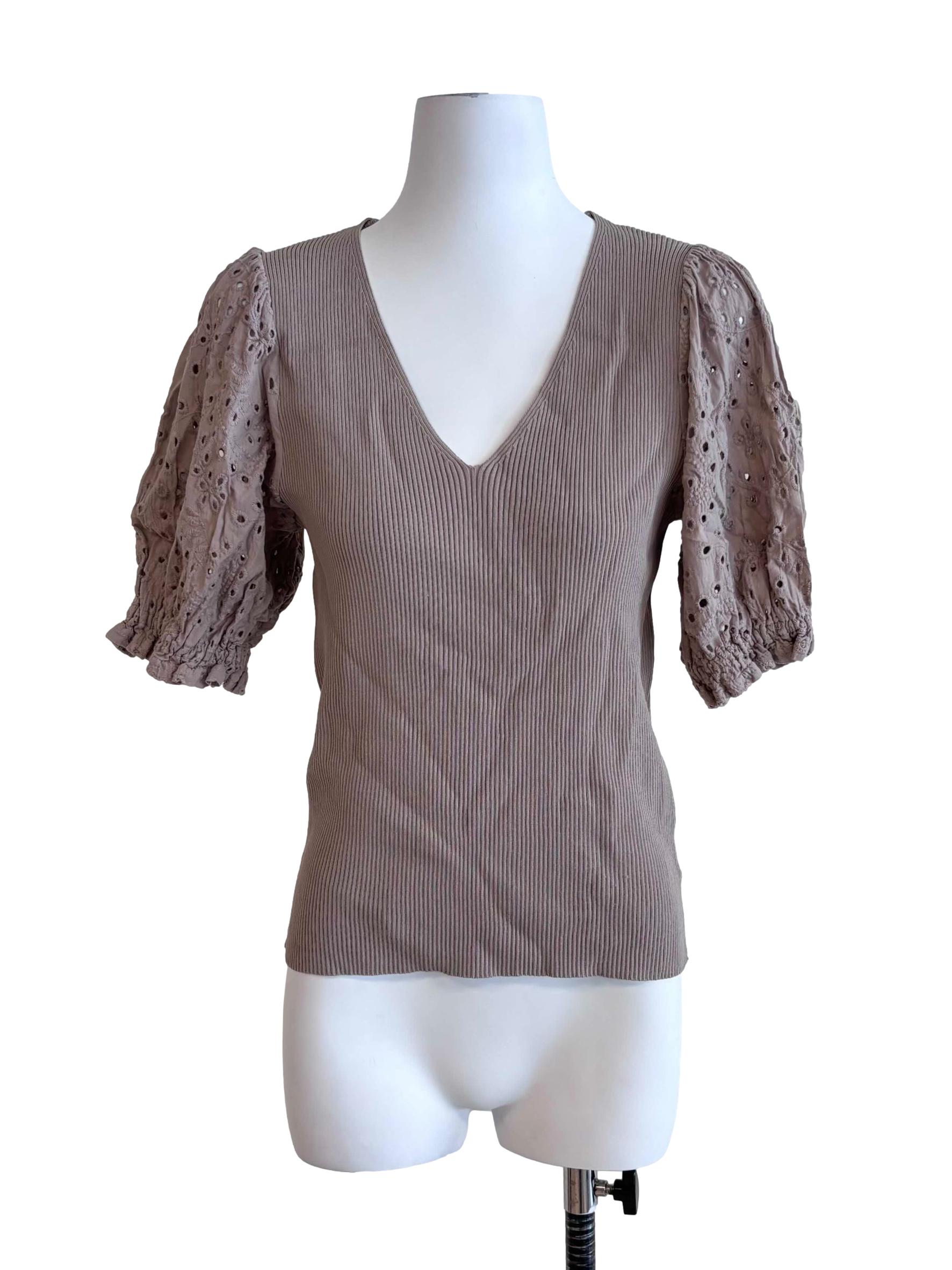 Peanut Brown Eyelet Sleeves Top