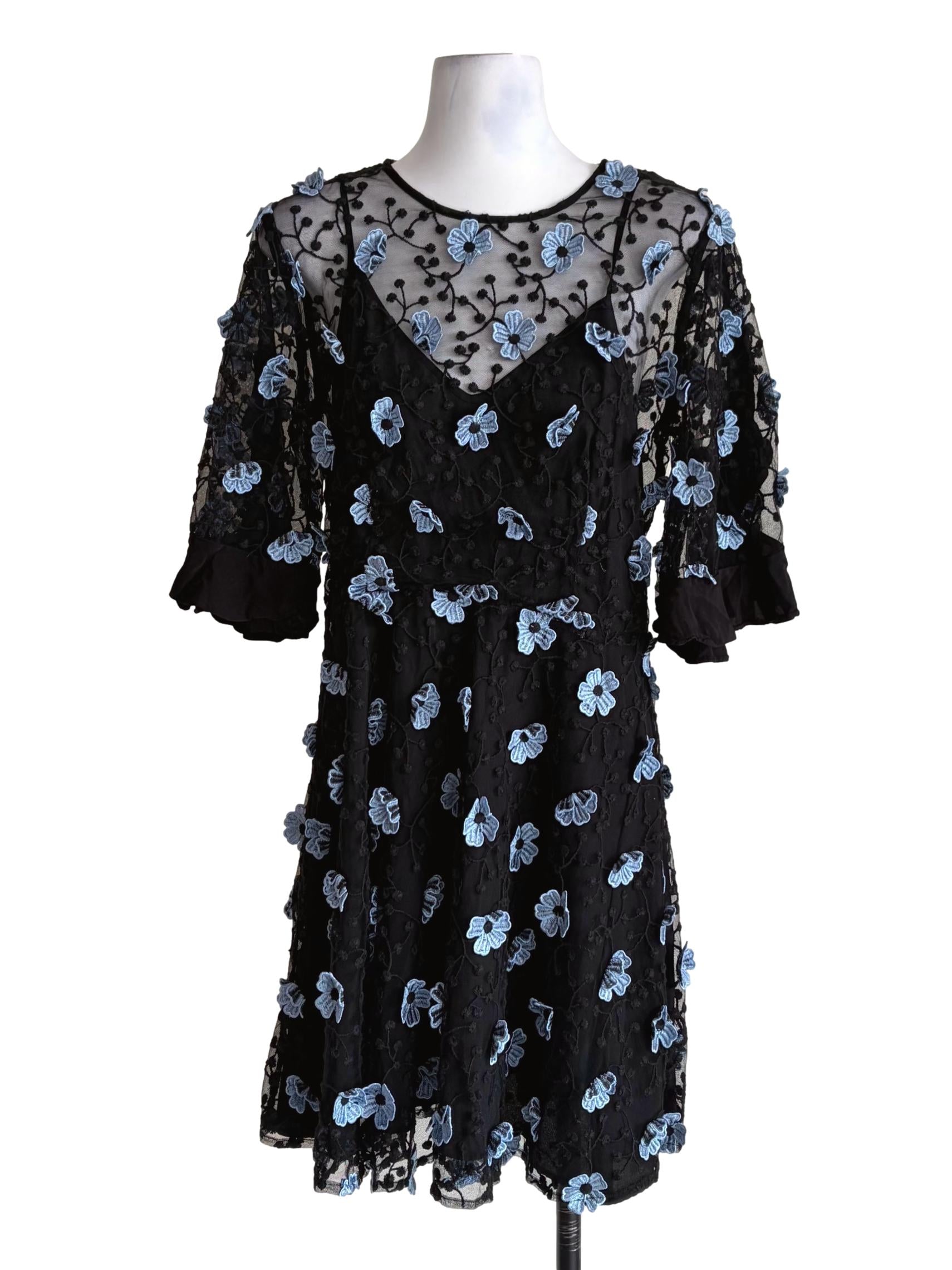 Onyx Black Laced Sky Blue Flower Embroidery Dress