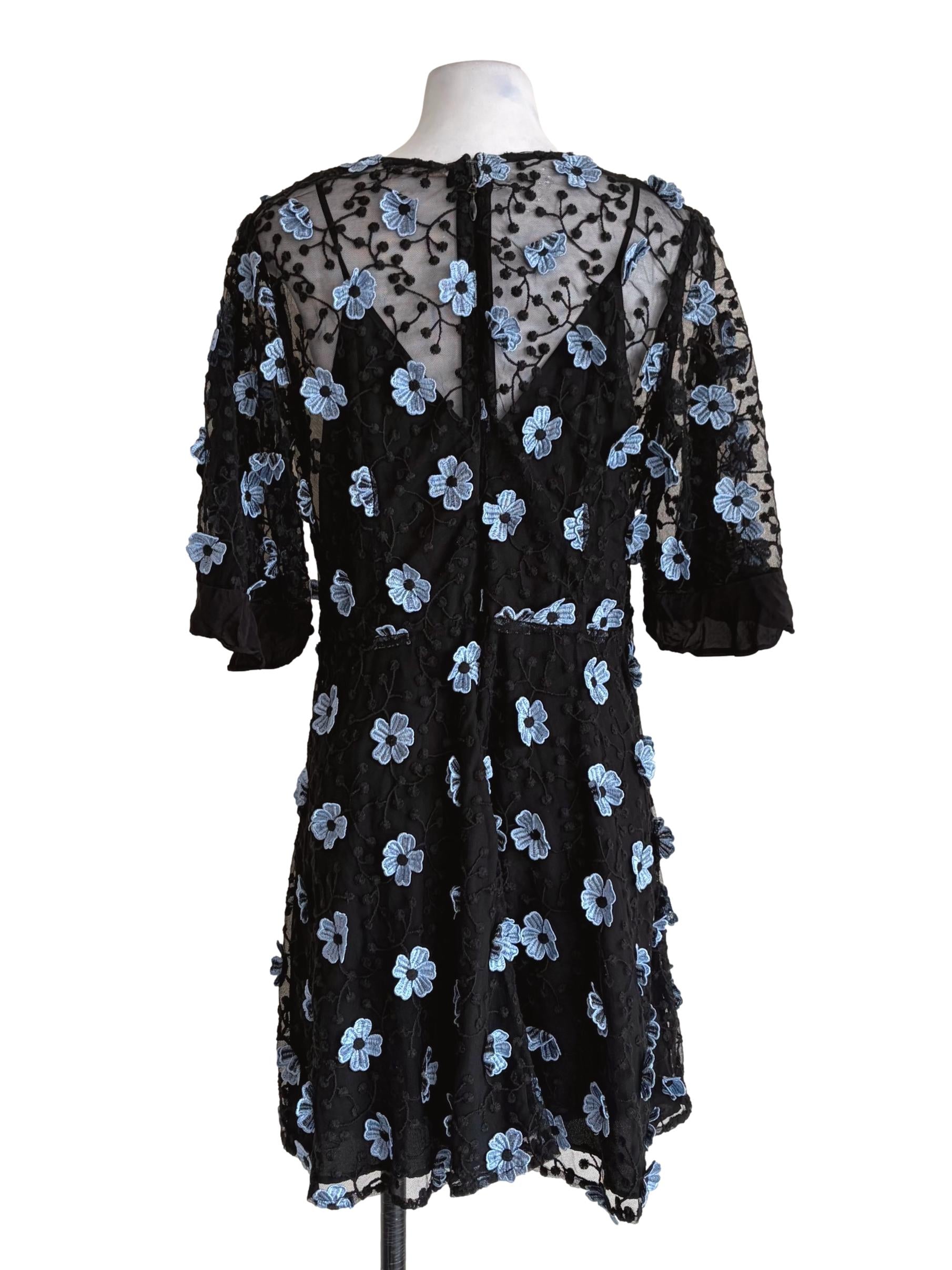 Onyx Black Laced Sky Blue Flower Embroidery Dress
