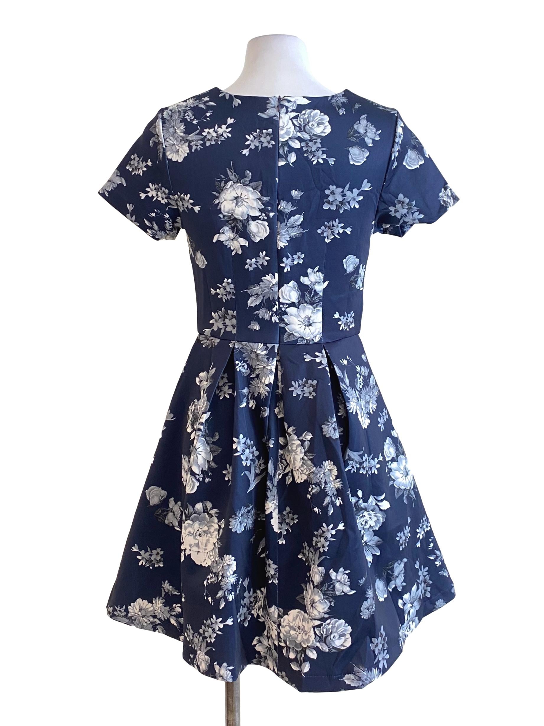Navy Blue White Floral Empire Mini Dress