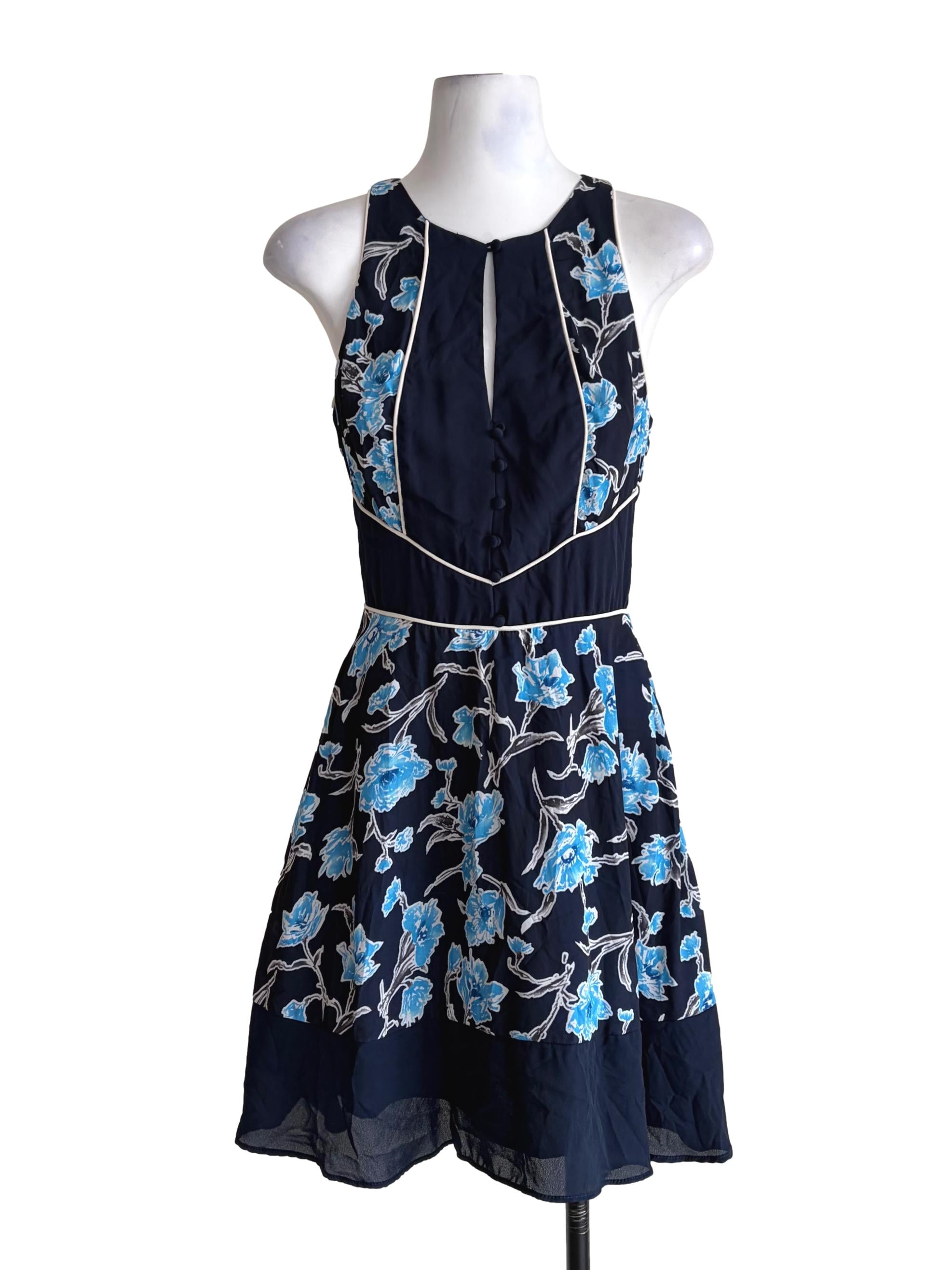 Navy Blue Floral Printed Buttoned Sleeveless Dress