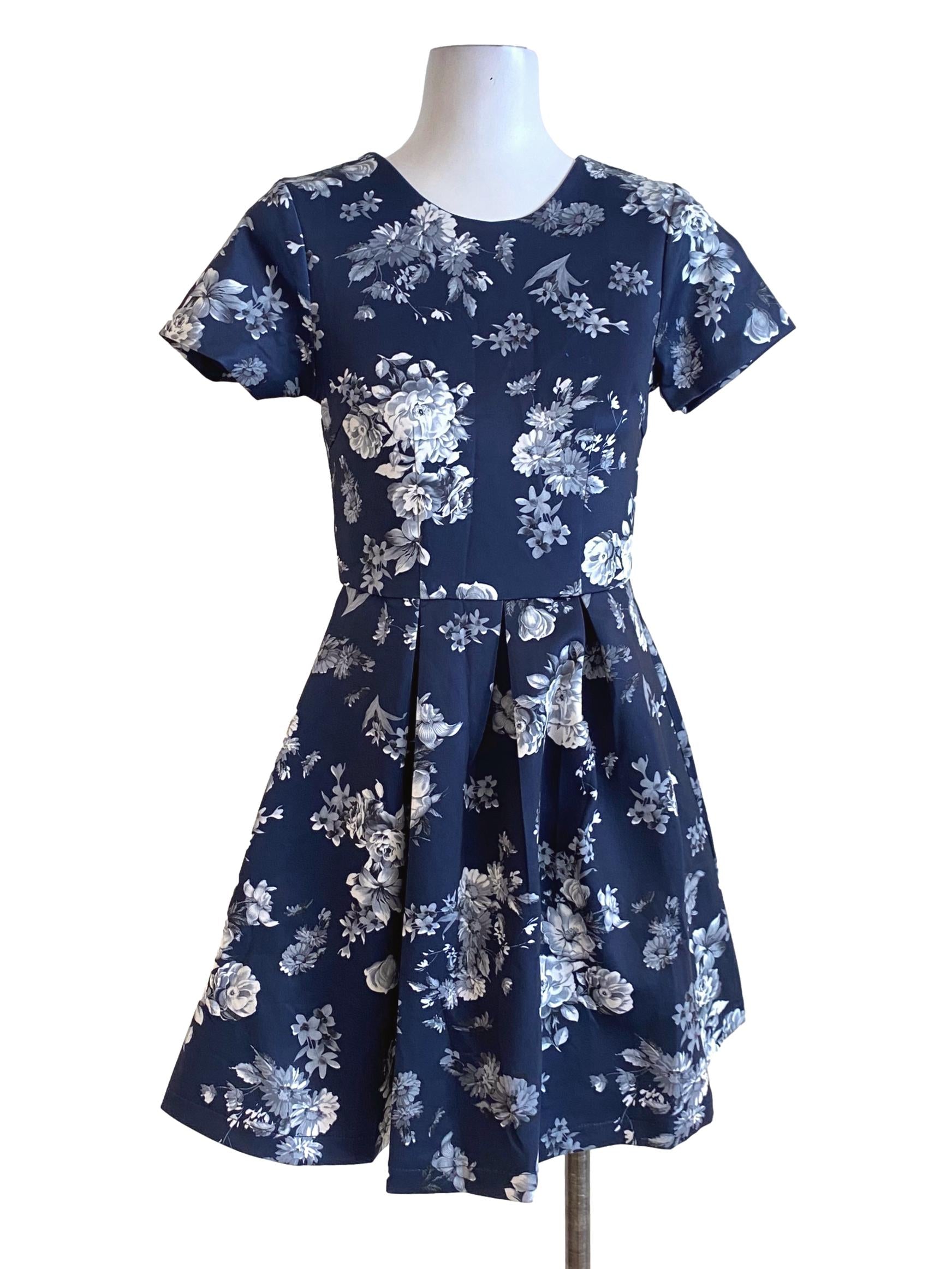 Navy Blue White Floral Empire Mini Dress