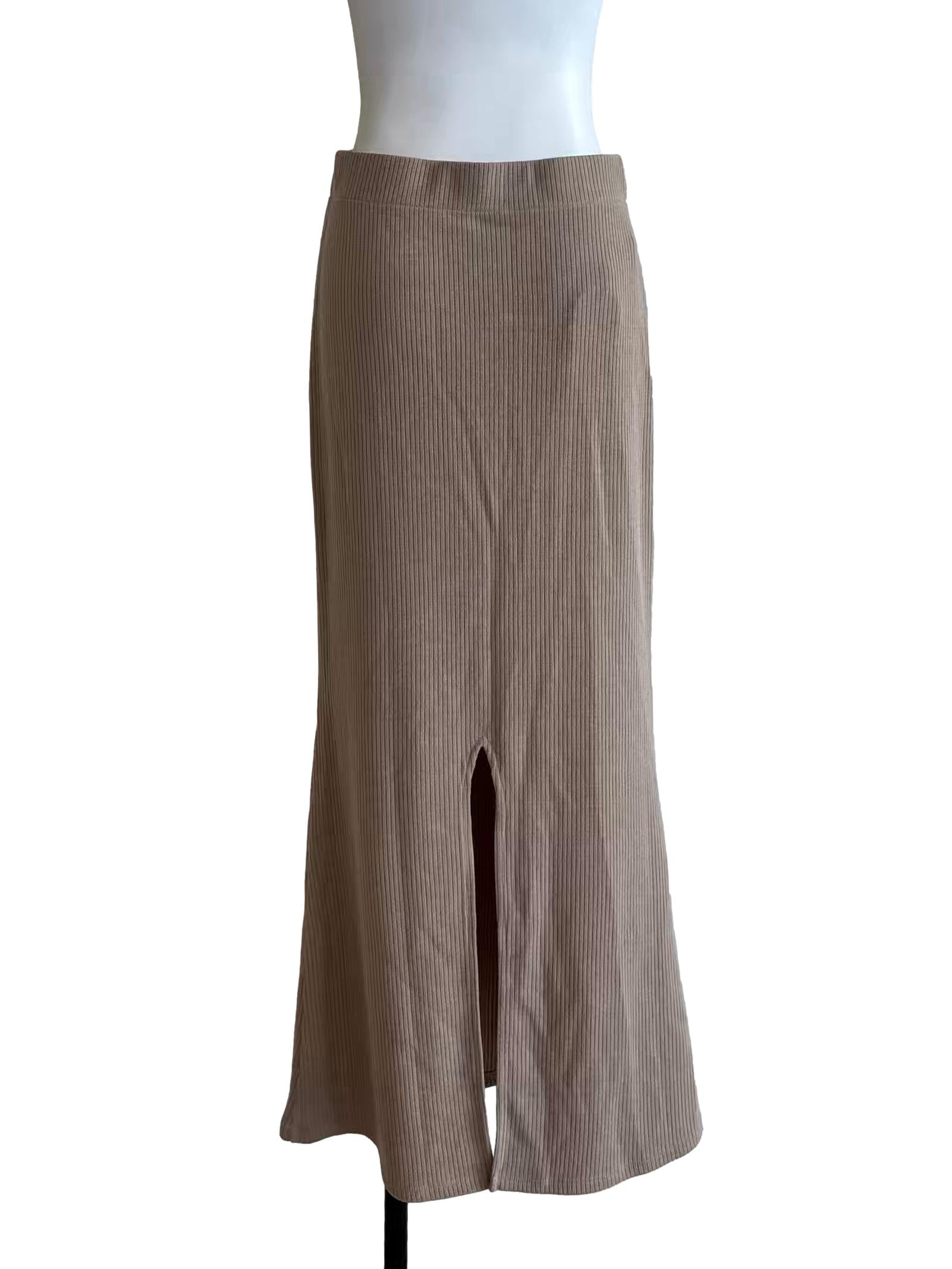 Khaki Long Ribbed Skirt