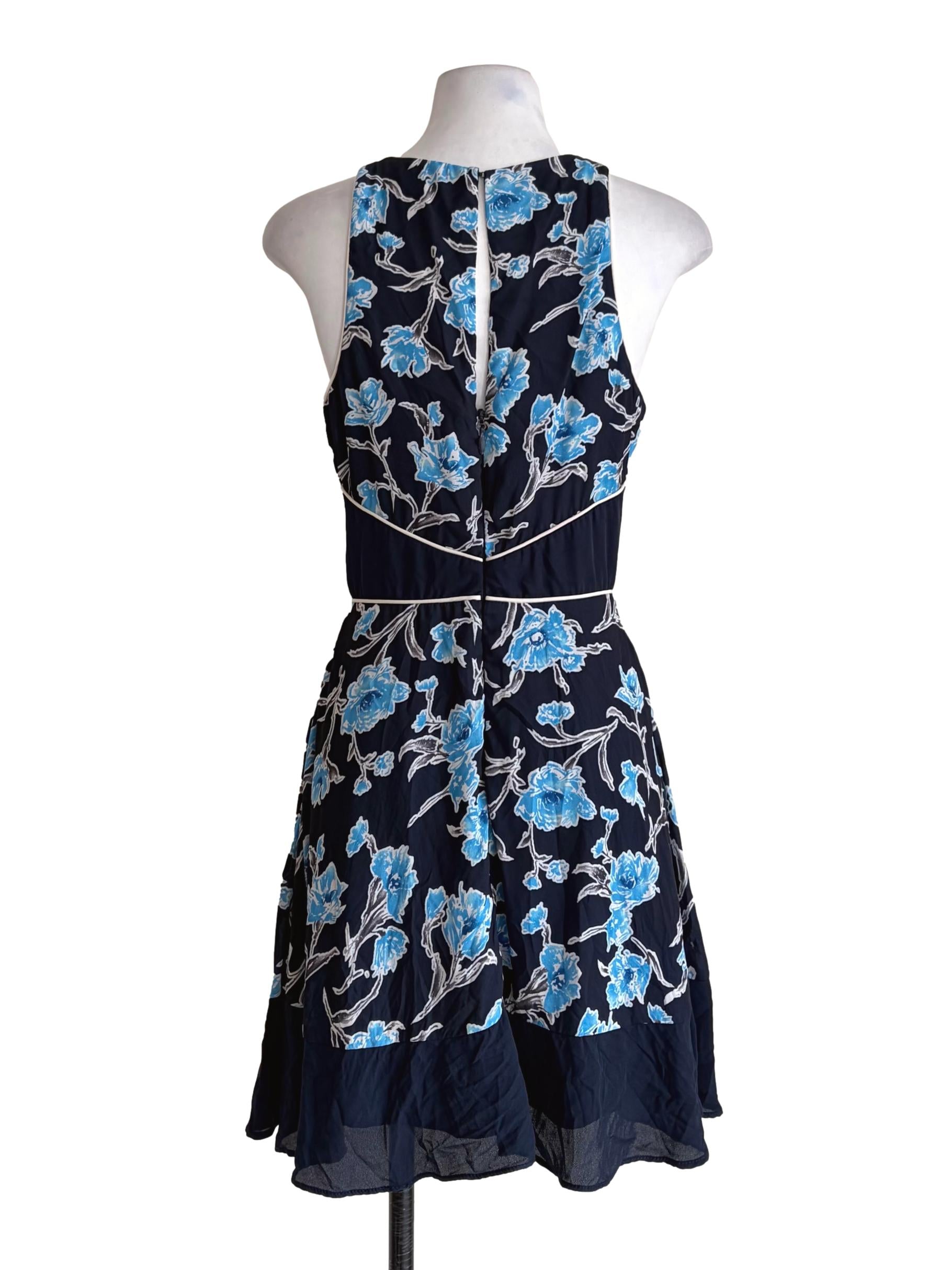 Navy Blue Floral Printed Buttoned Sleeveless Dress