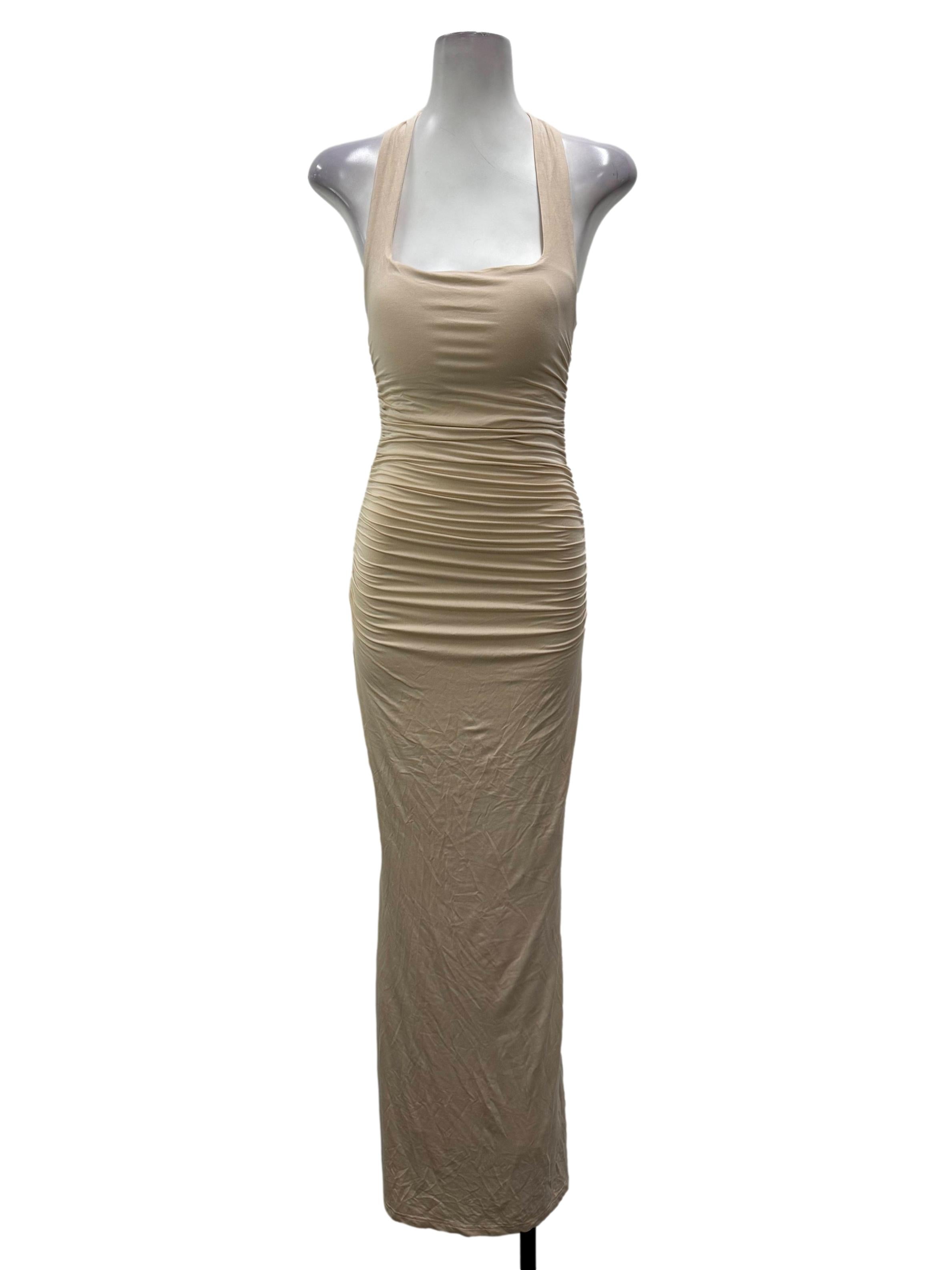 Nude Halter Side Ruched Dress