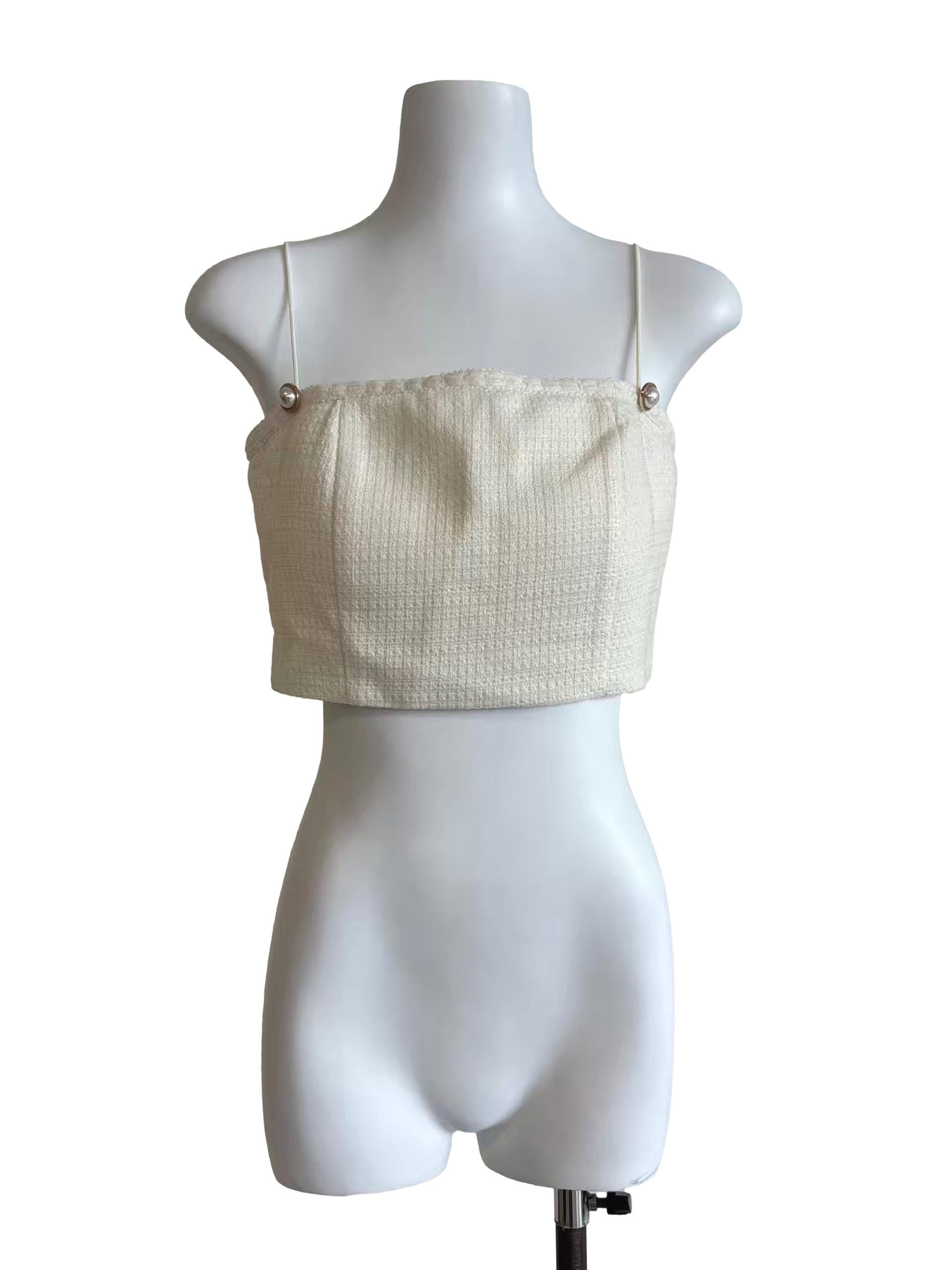 Ivory White Spaghetti Strap Tweed Top
