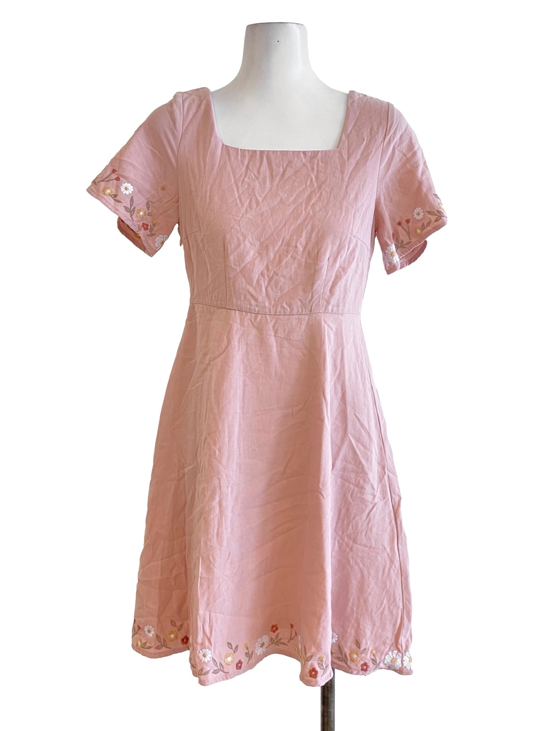Pink Floral Sleeved Mini Shirt Dress