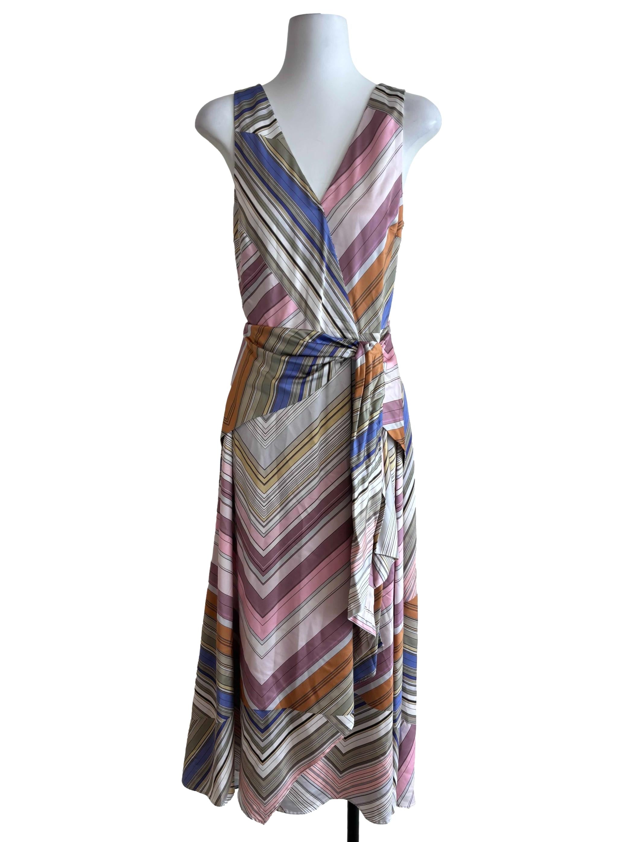 Dusty Pink Colourful Striped Front Tie Dress