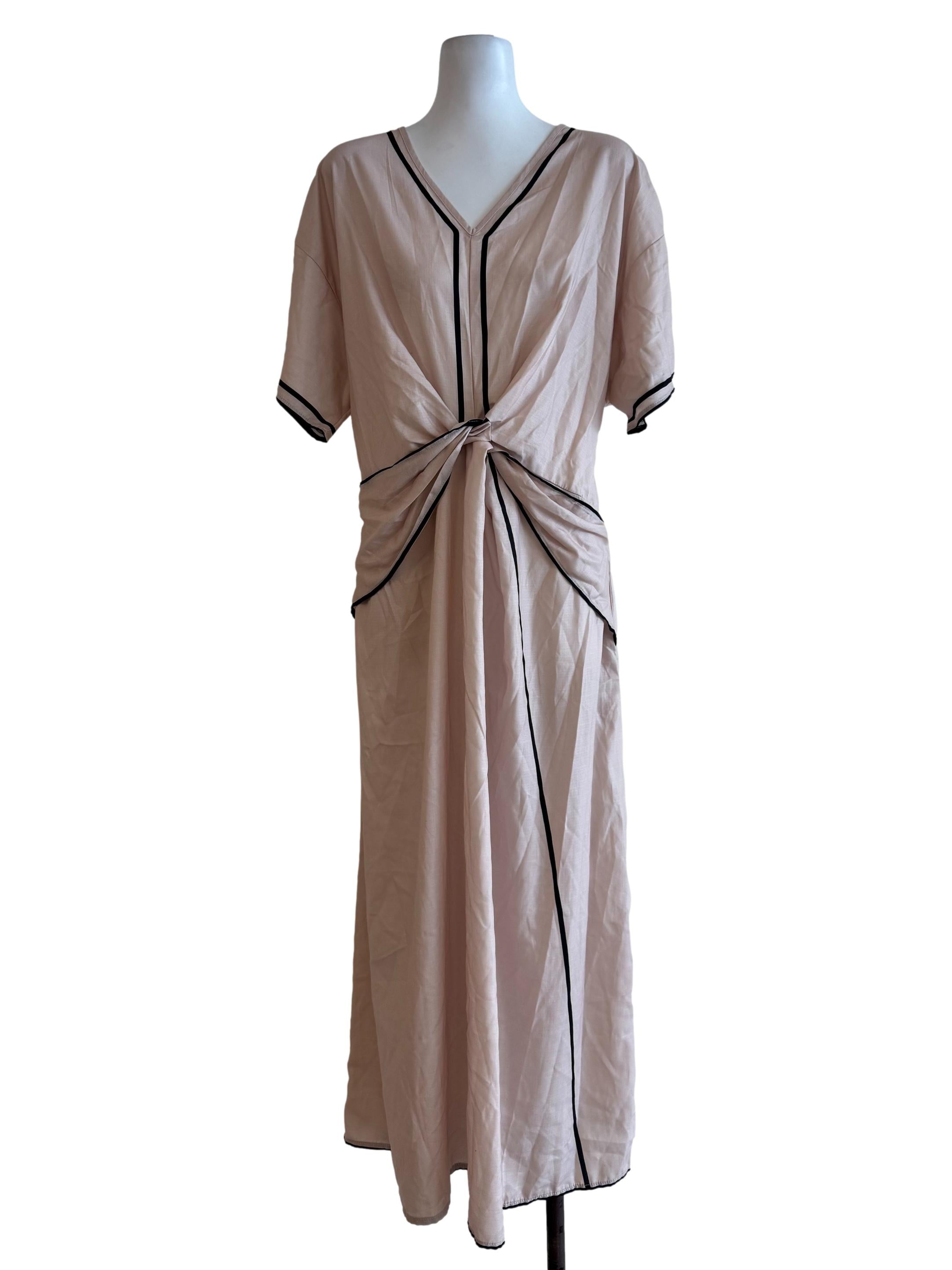 Beige With Black Stripes V Neck Dress