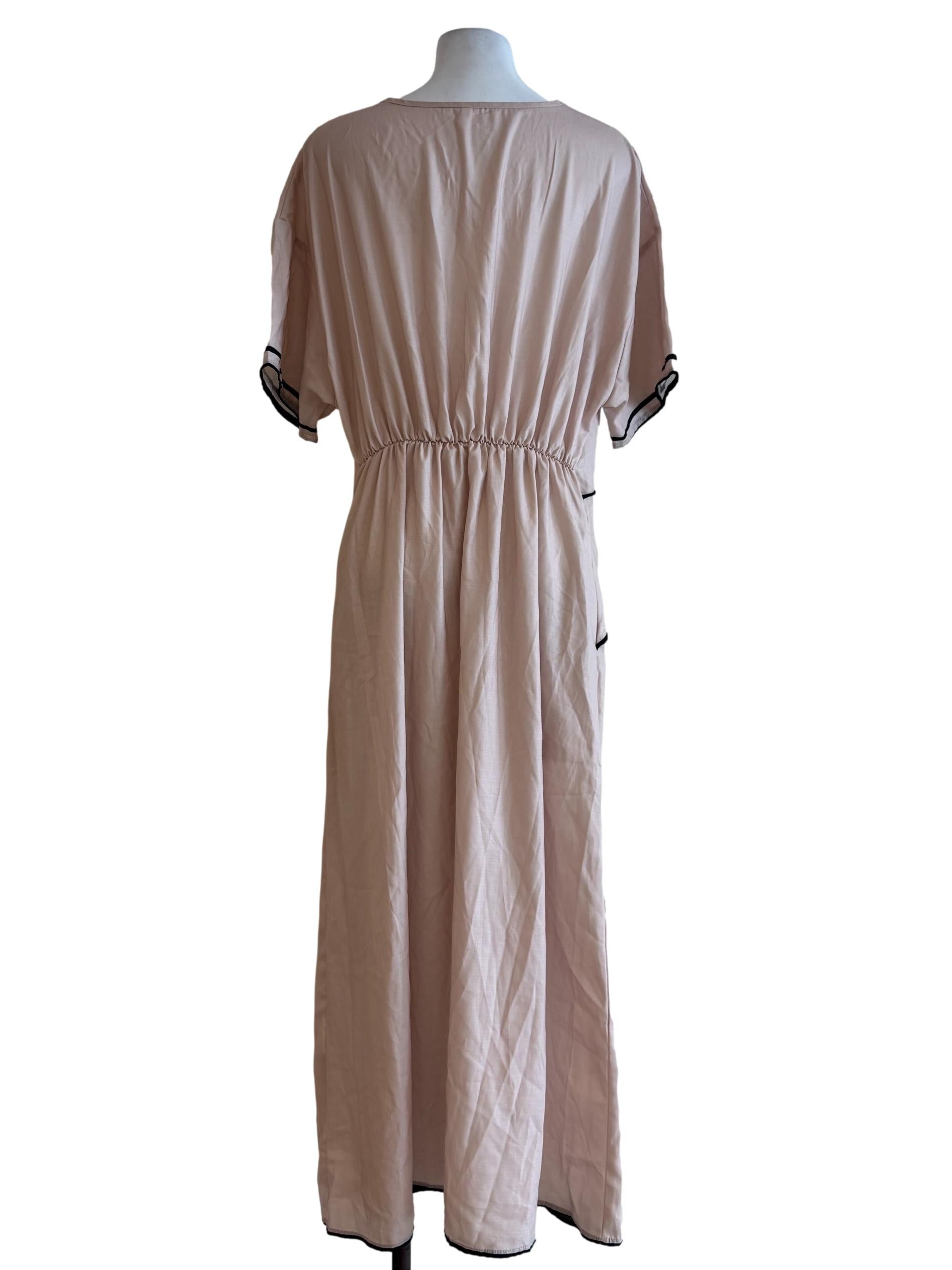 Beige With Black Stripes V Neck Dress