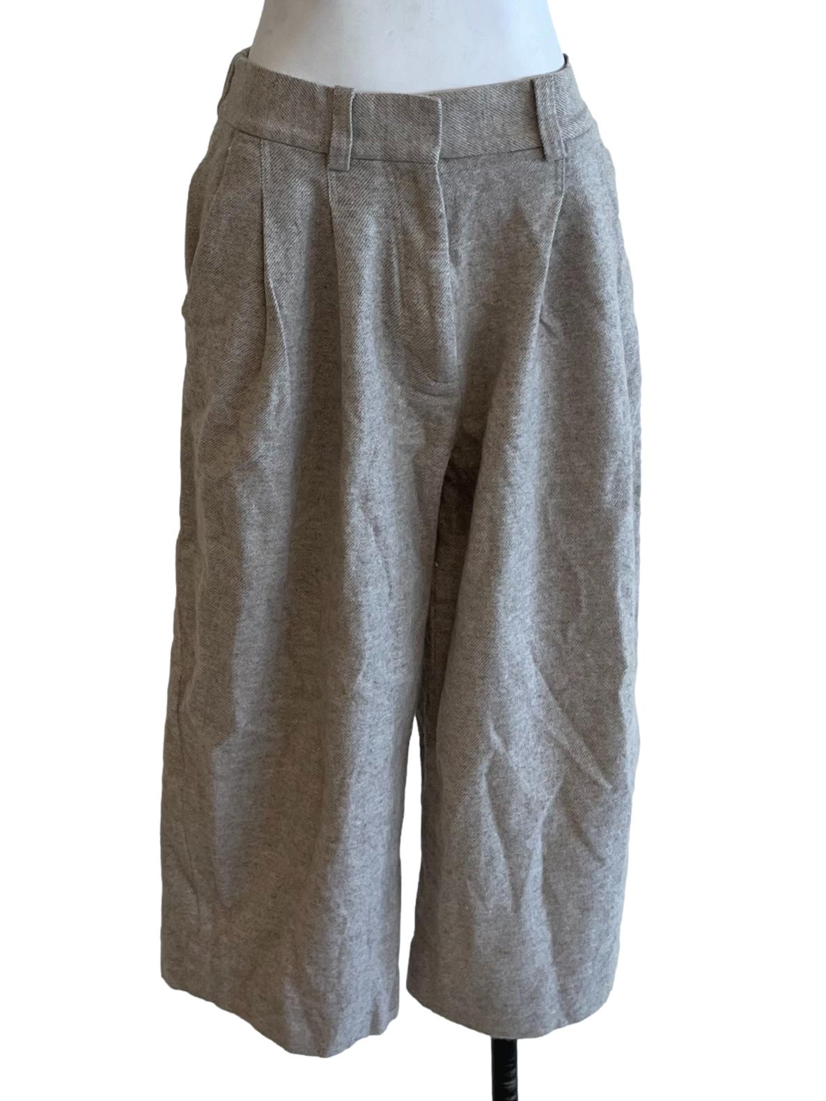 Beige Tweed Wide-Leg Cropped Trousers