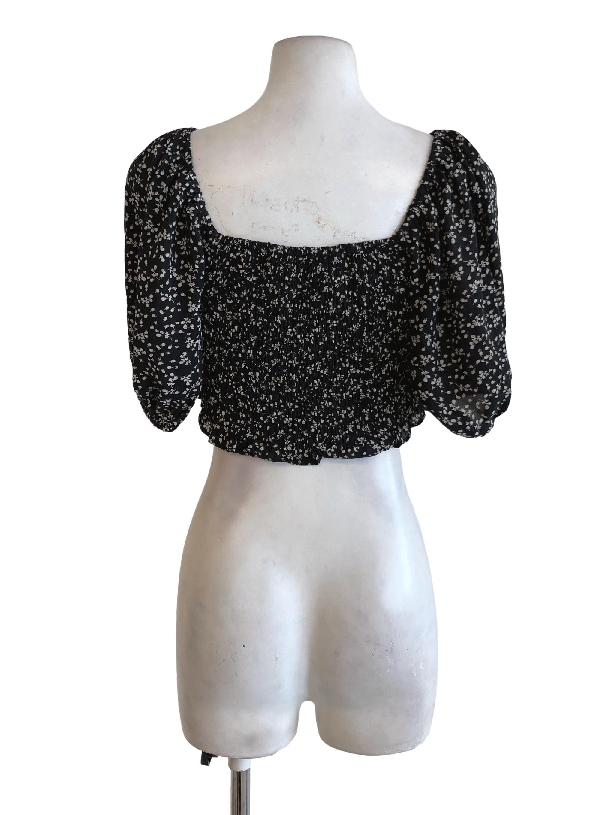 Black Floral Peasant Top TWL