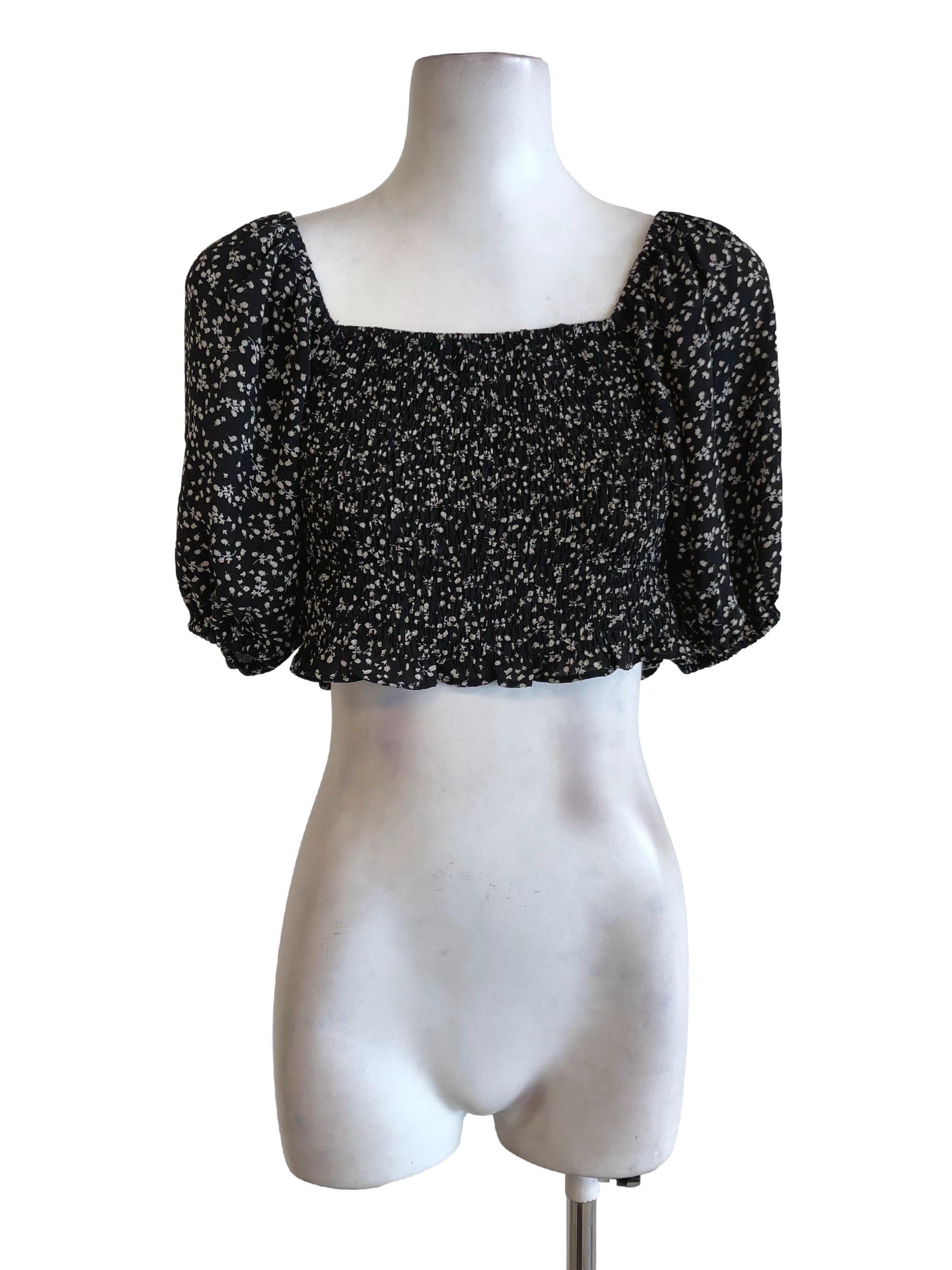 Black Floral Peasant Top TWL