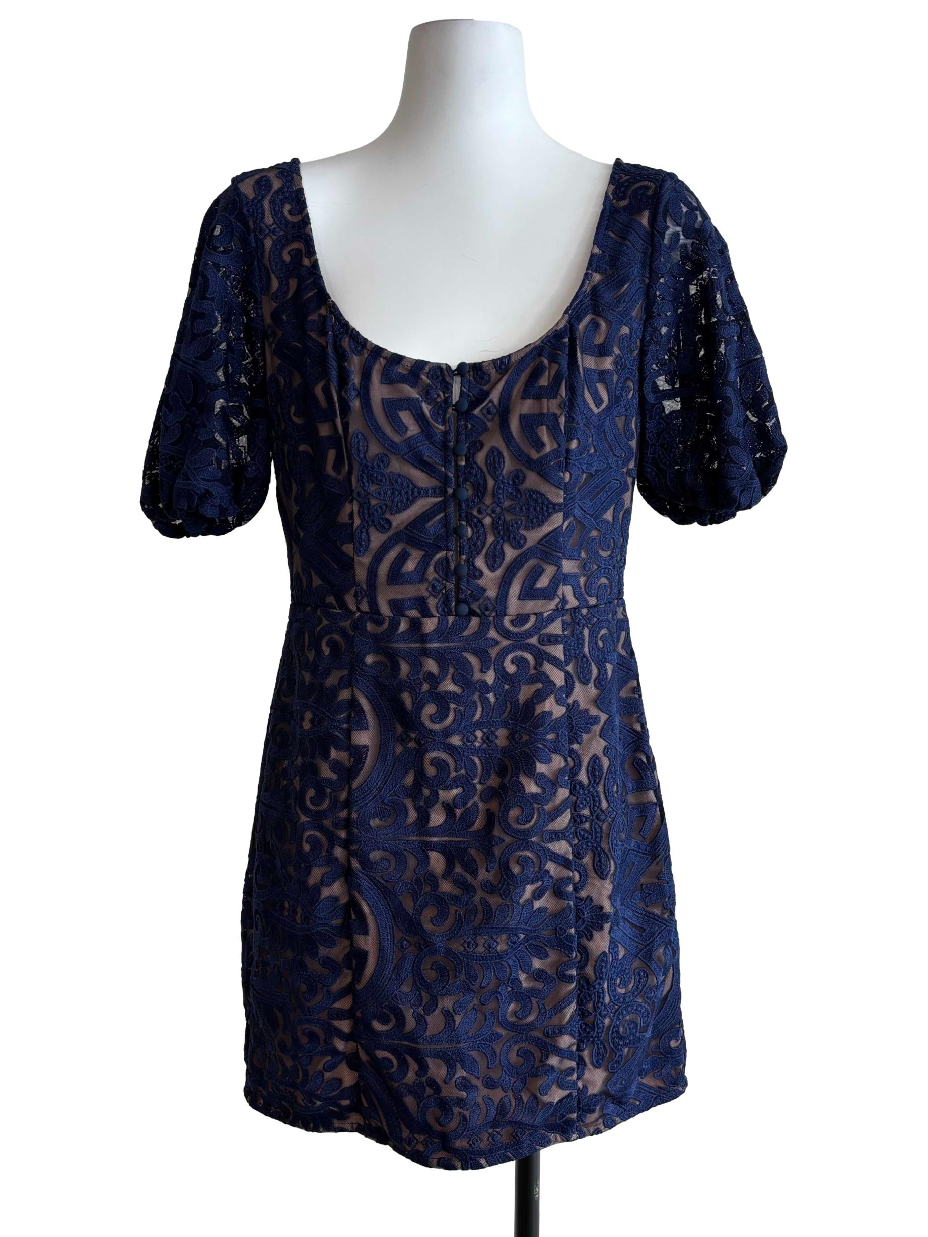 Navy Blue Scoop Neck Embroidered Dress