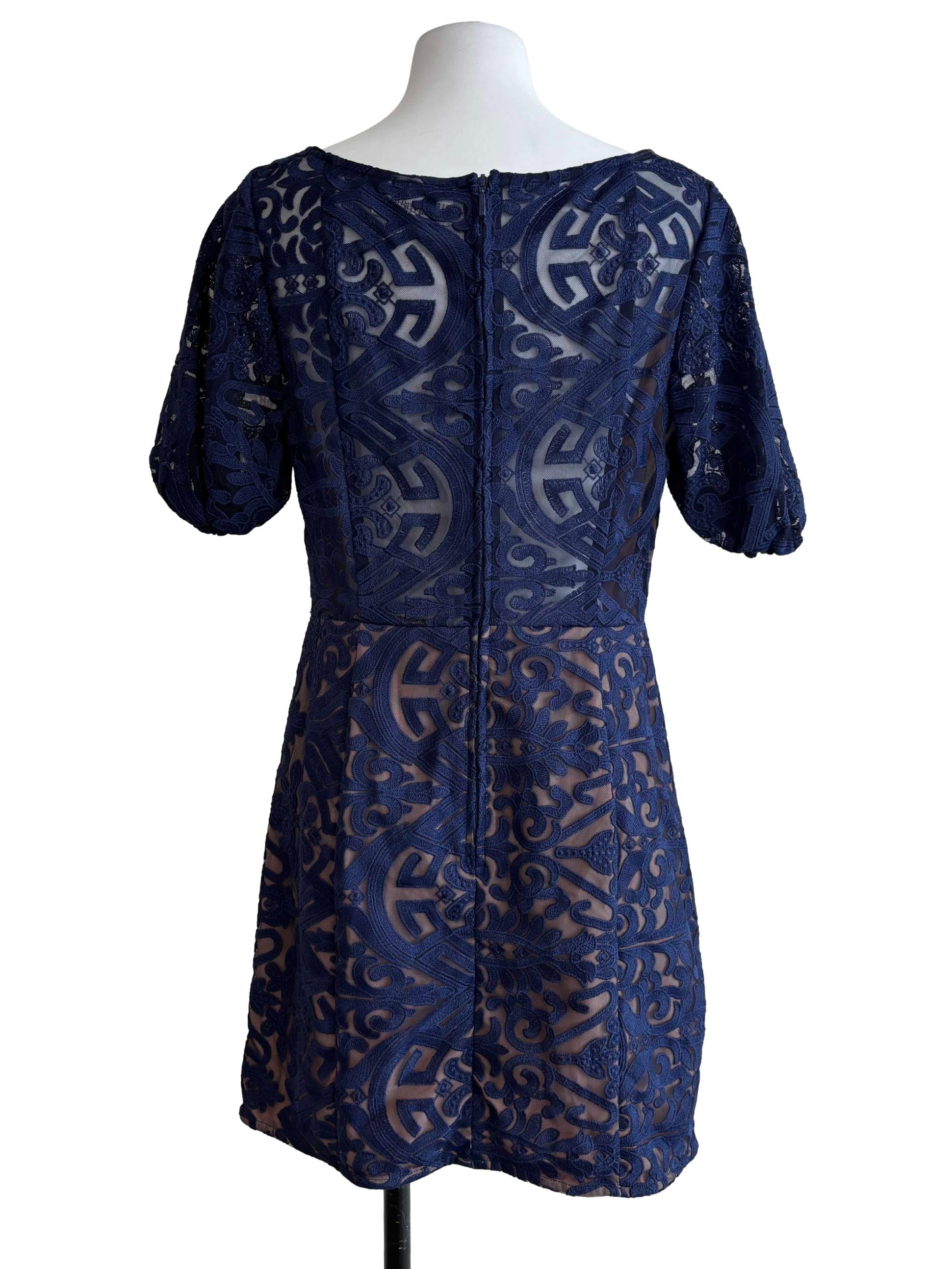 Navy Blue Scoop Neck Embroidered Dress
