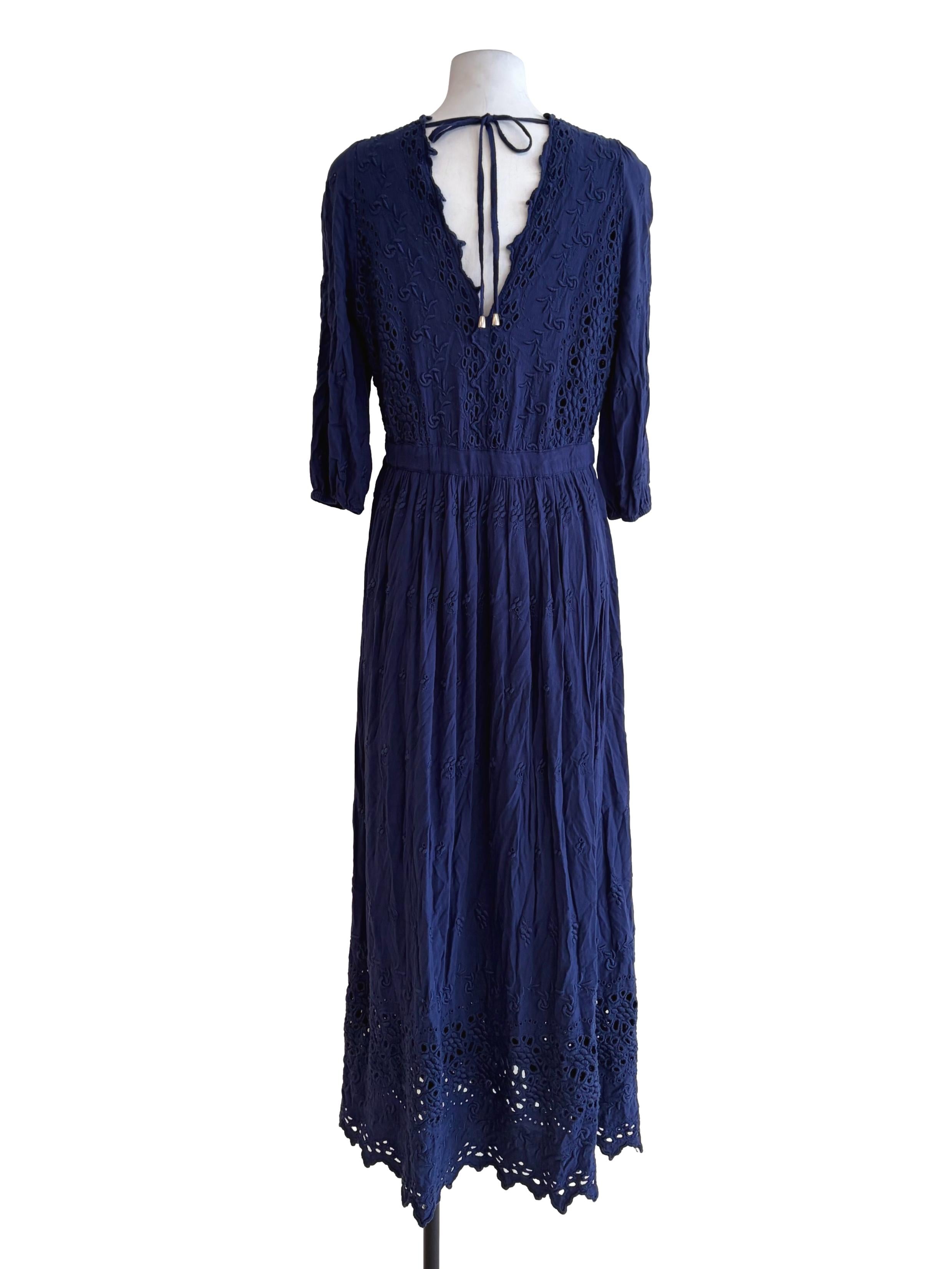 Navy Blue Eyelet Design V-Neck Long Sleeve Dress