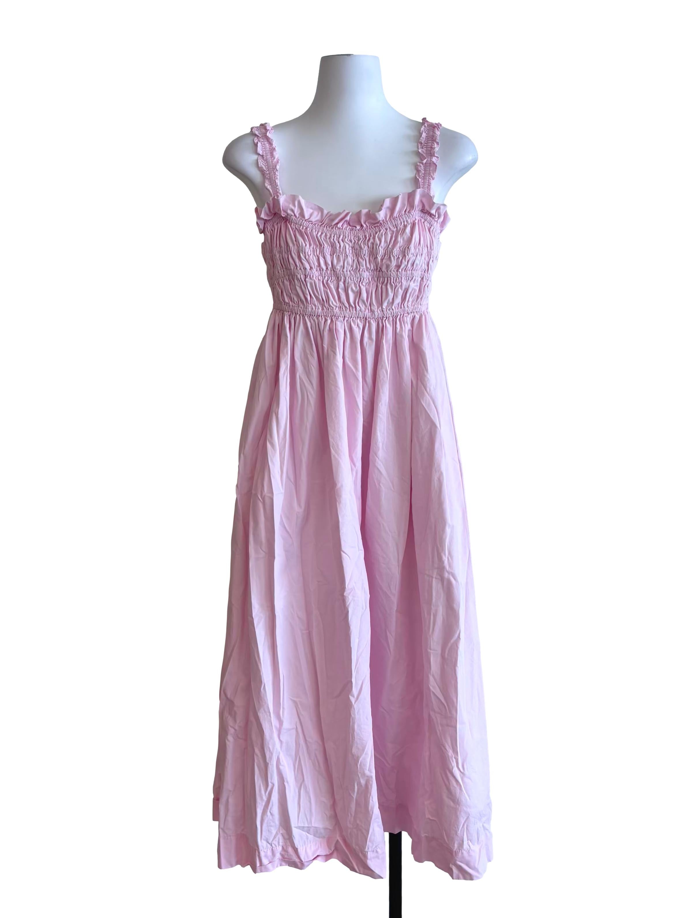 Baby Pink Ruffle Shirred Midi Dress