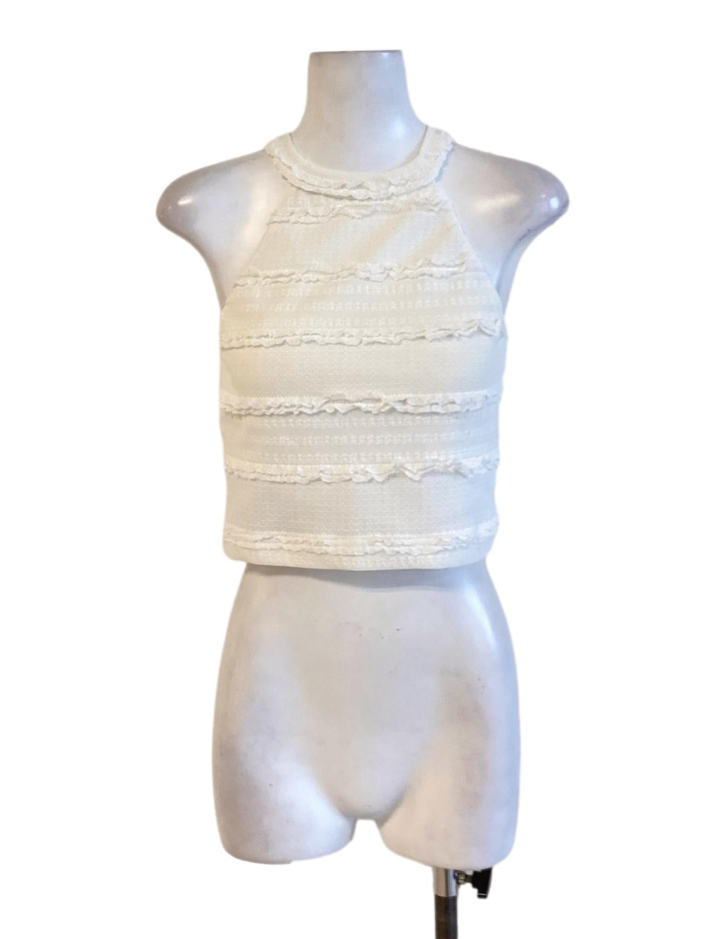 Soft White Round Neck Layered Ruffle Sleeveless Cropped Top