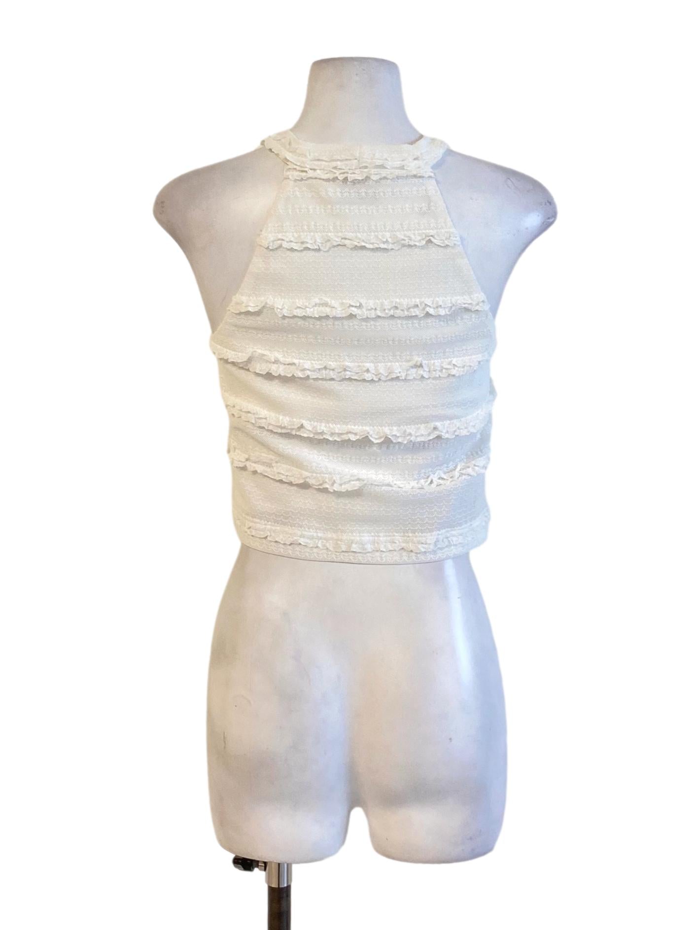 Soft White Round Neck Layered Ruffle Sleeveless Cropped Top