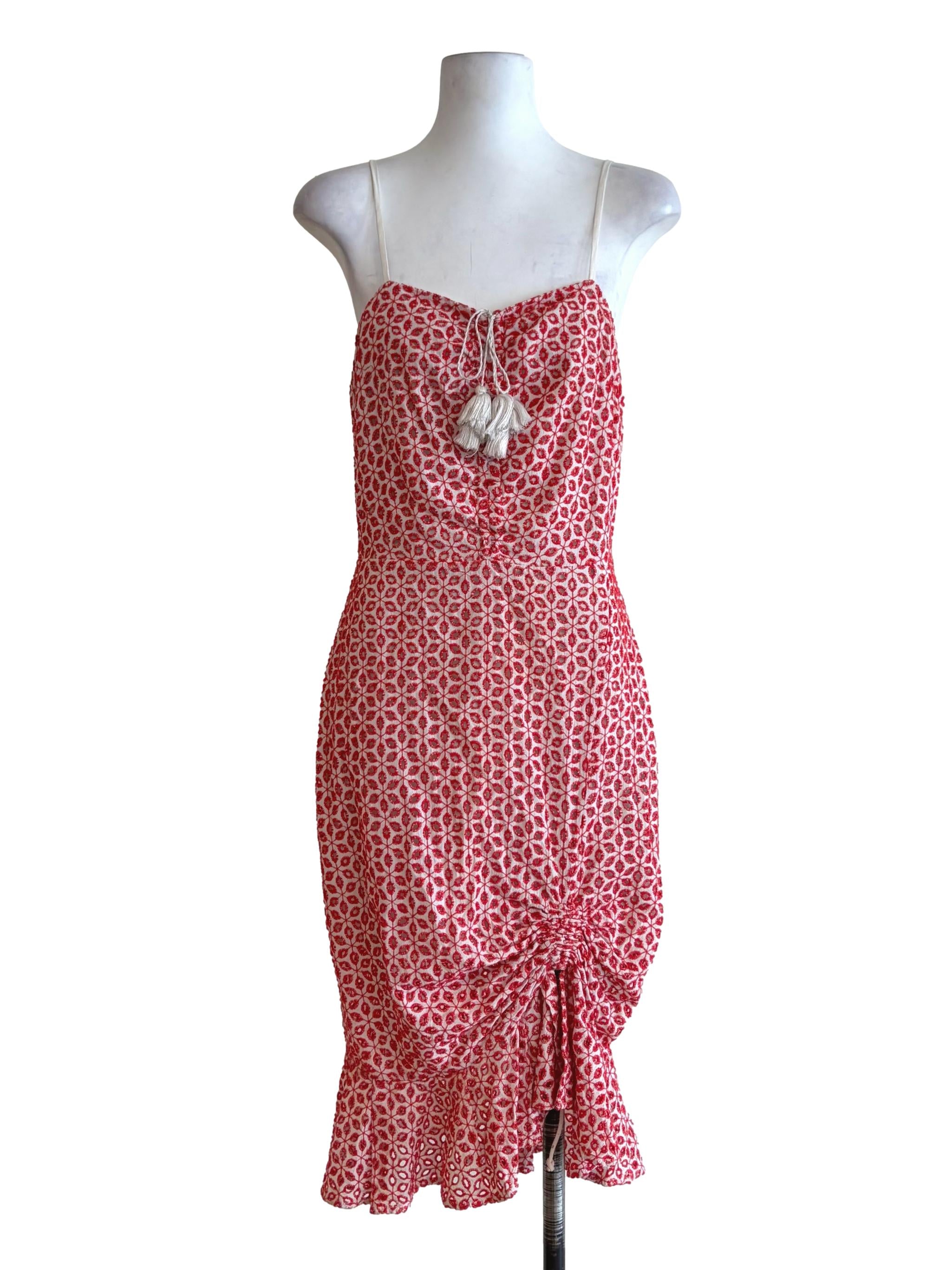 Candy Red Eyelet Side Ruched Tassel Tie Slip Dress