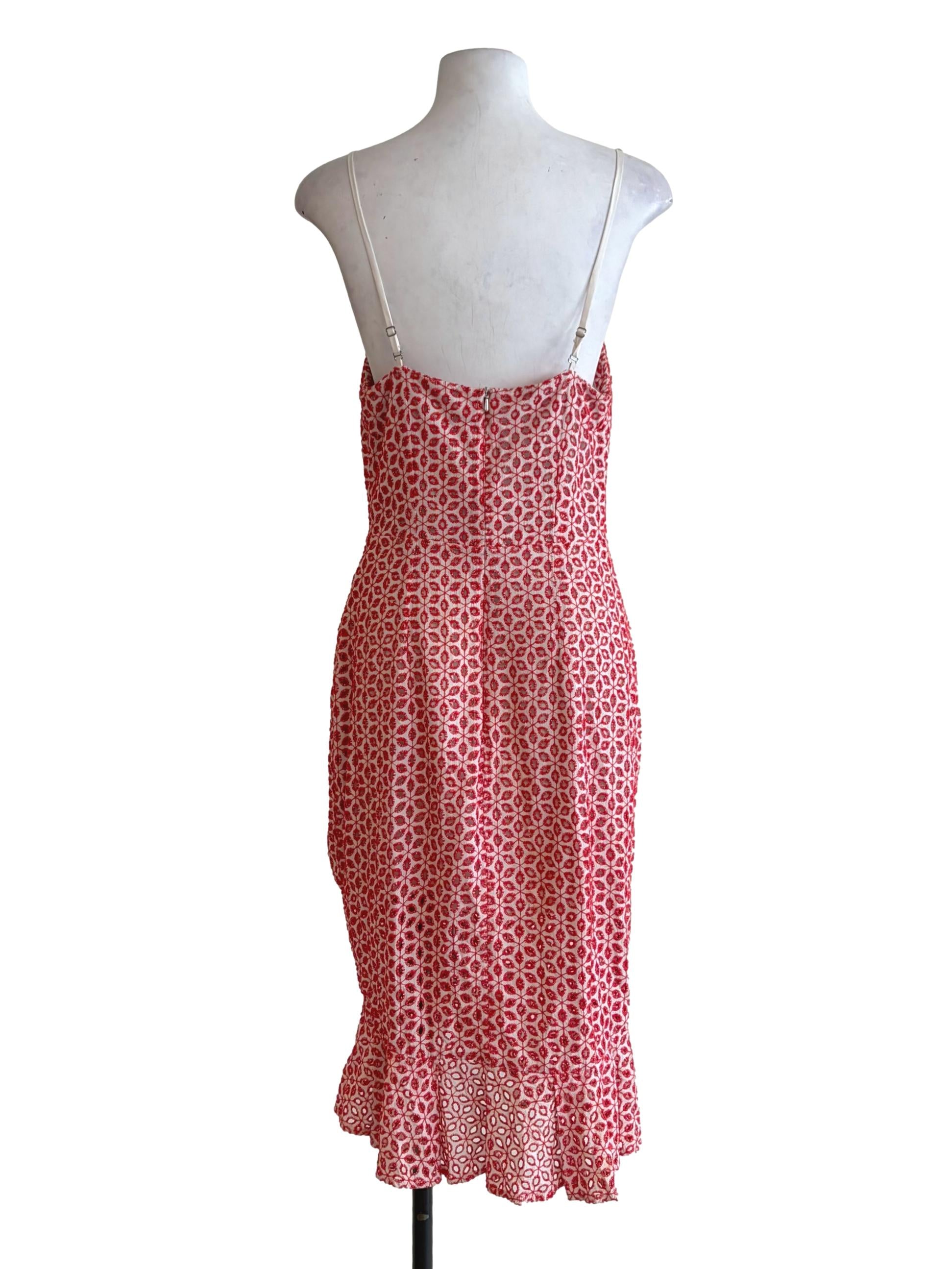 Candy Red Eyelet Side Ruched Tassel Tie Slip Dress