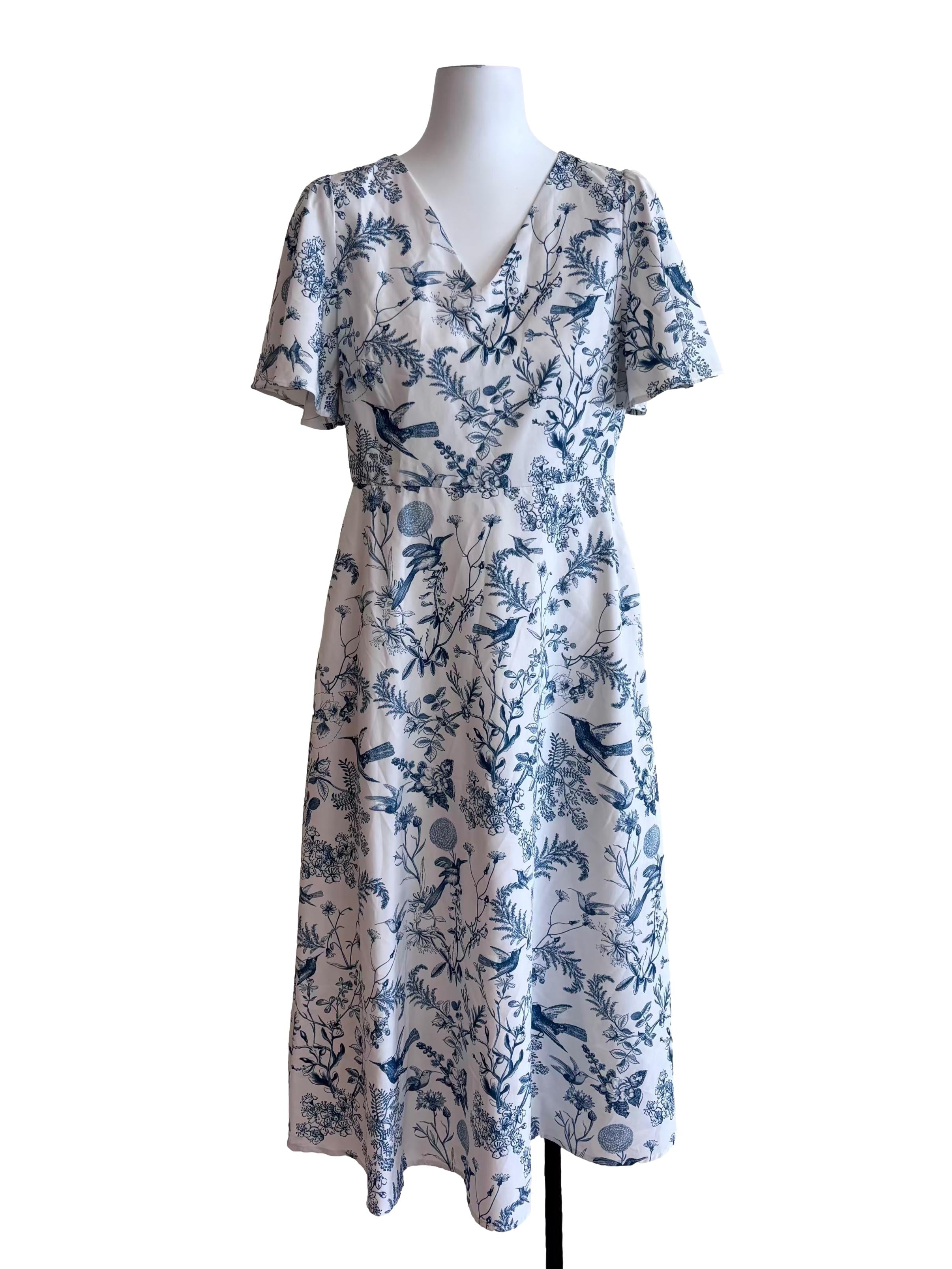 White Blue Prints V Neck Dress