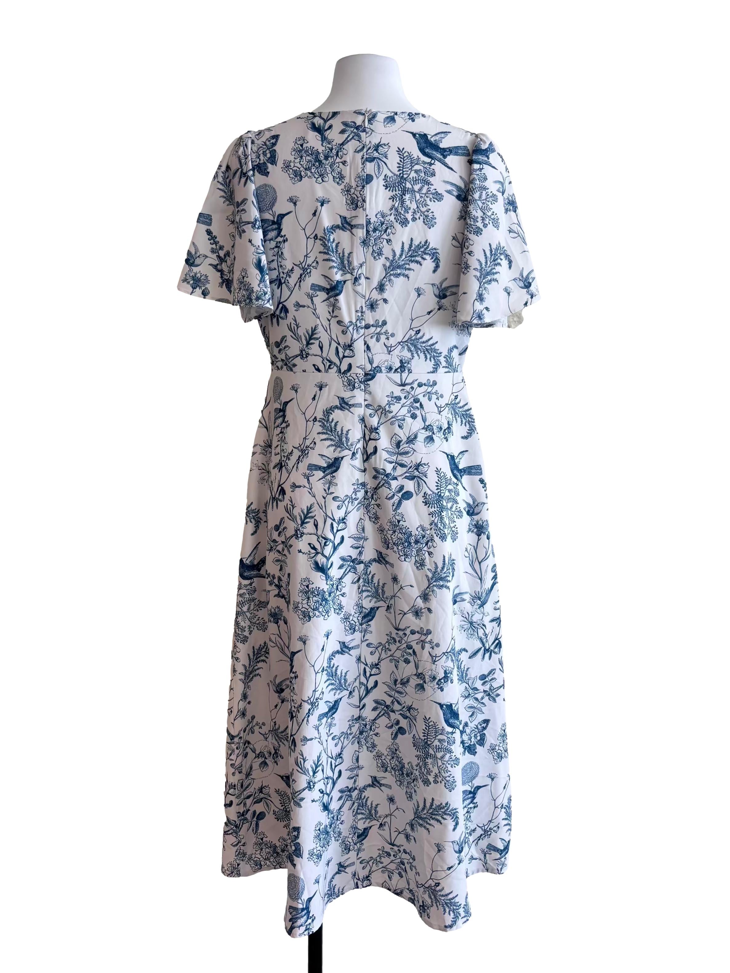 White Blue Prints V Neck Dress