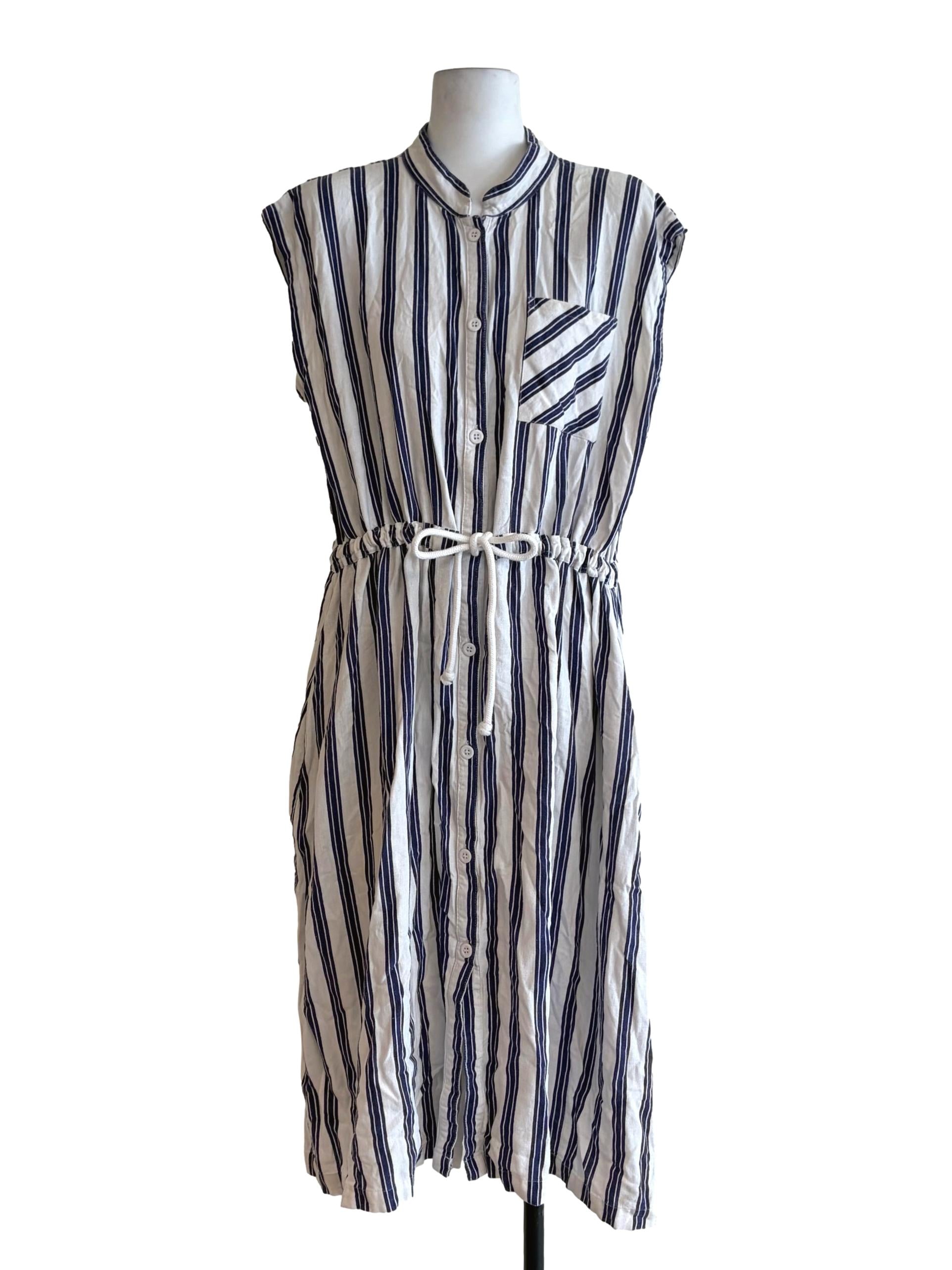 Paper White Blue Stripes Button Down Short Sleeves Dress