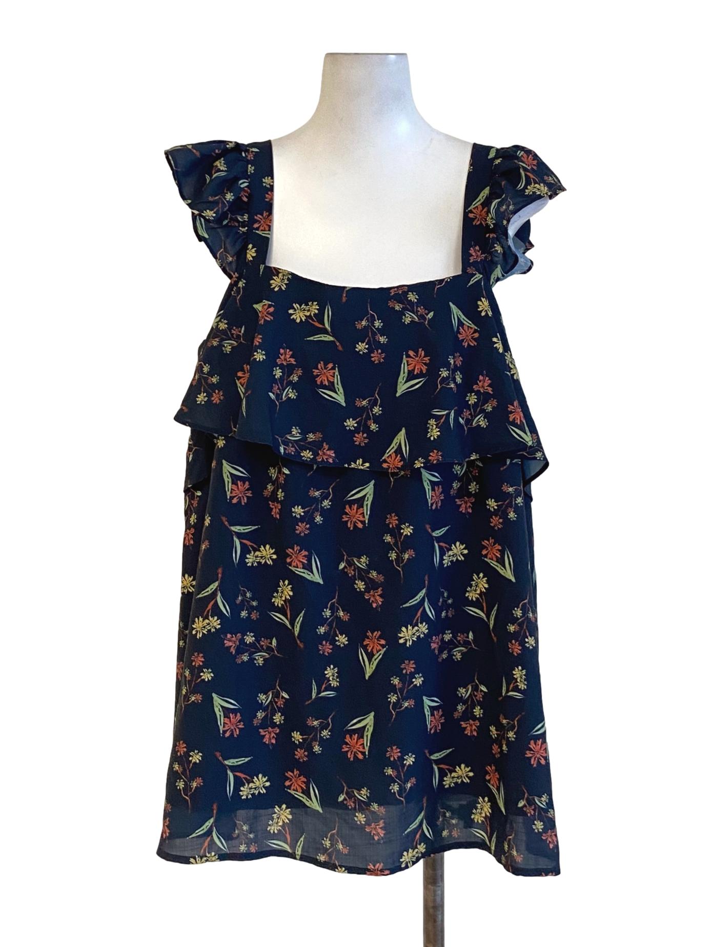 Navy Blue Floral Printed Square Neck Ruffle Dress LB