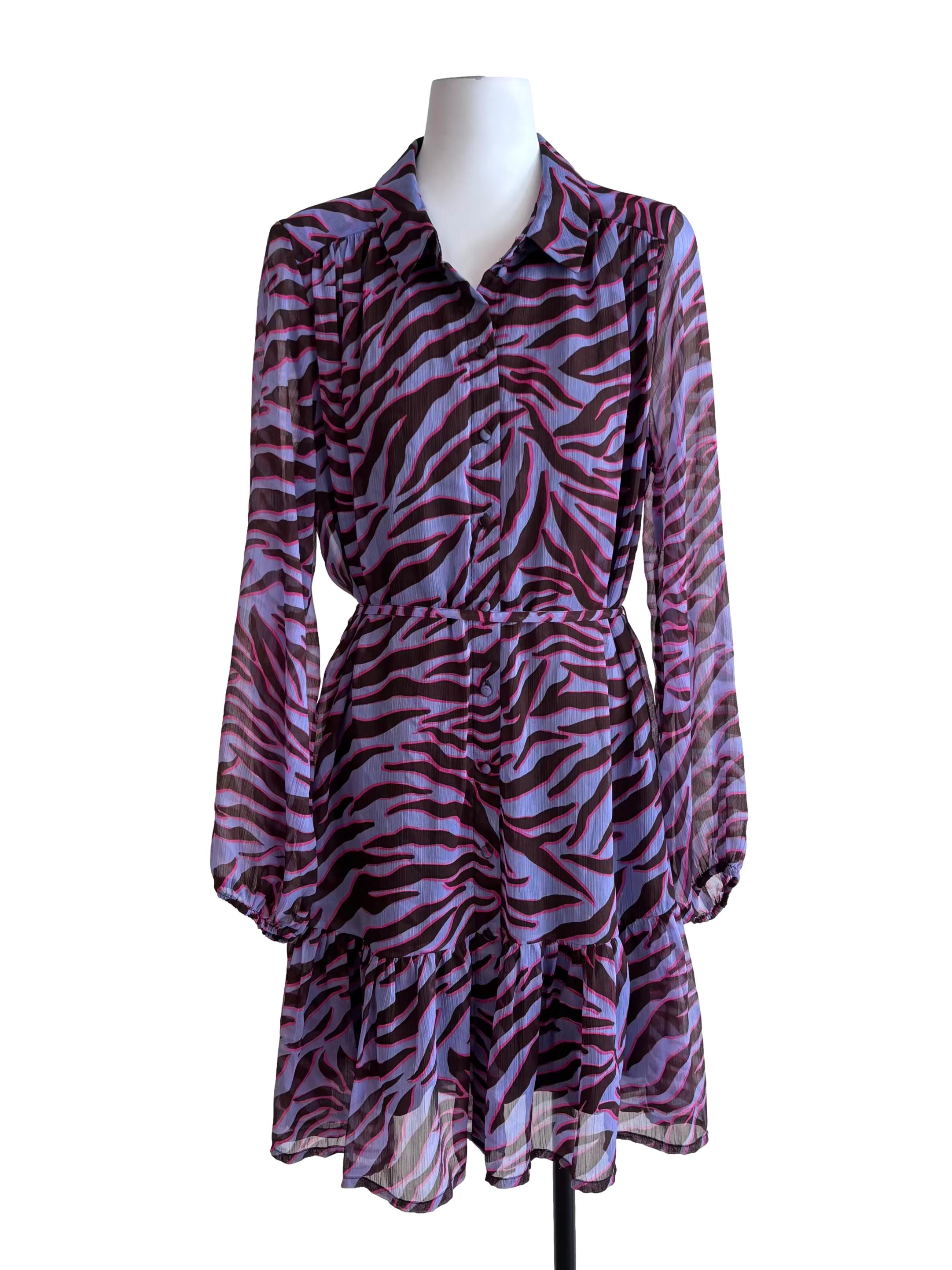 Blue Animal Prints Button Front Mesh Dress