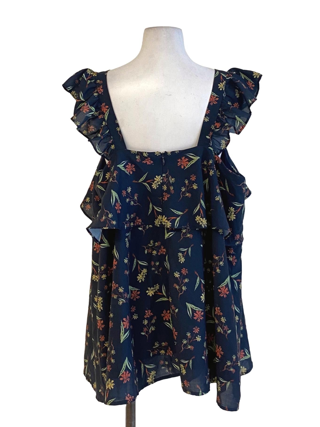 Navy Blue Floral Printed Square Neck Ruffle Dress LB