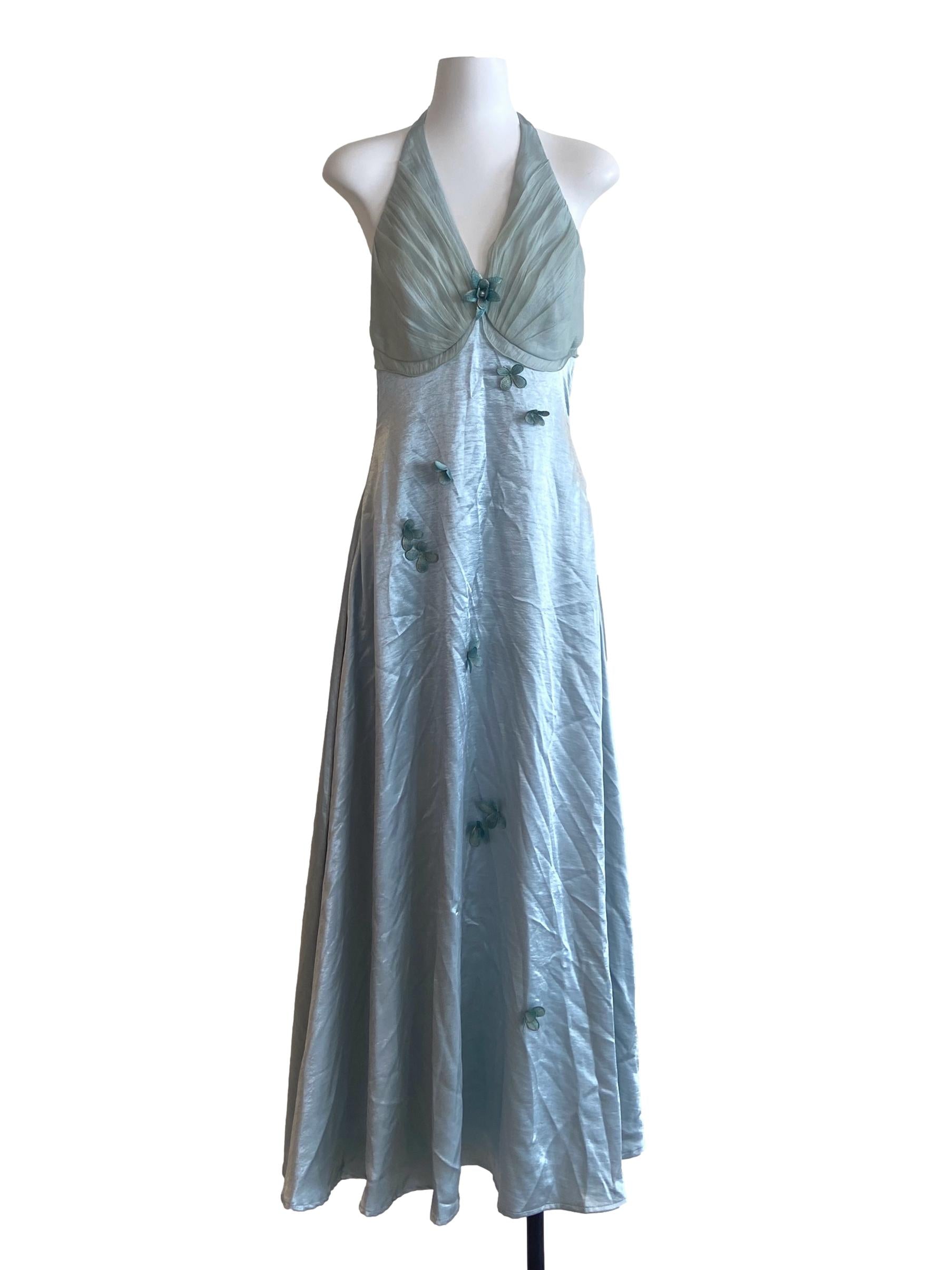 Blue Floral Halter Neck A-Line Dress