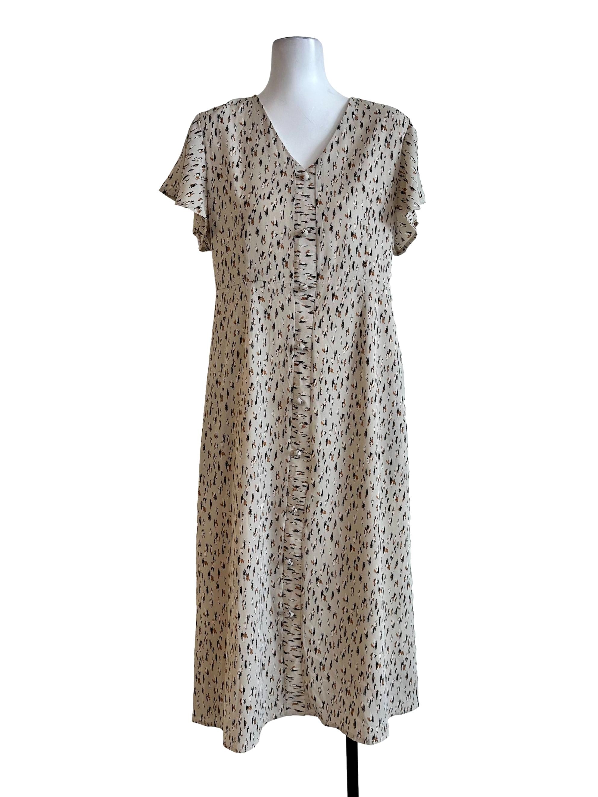Beige Abstract Printed  V Neckline Dress